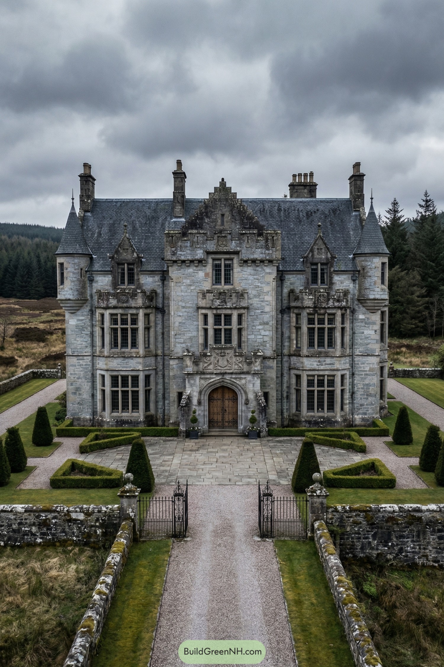 Grand stone manor with formal hedged drive
