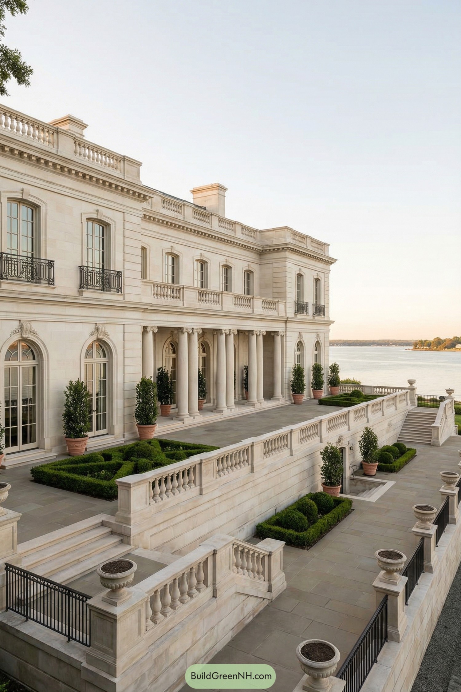 Elegant waterfront mansion with grand limestone terraces and classical columns