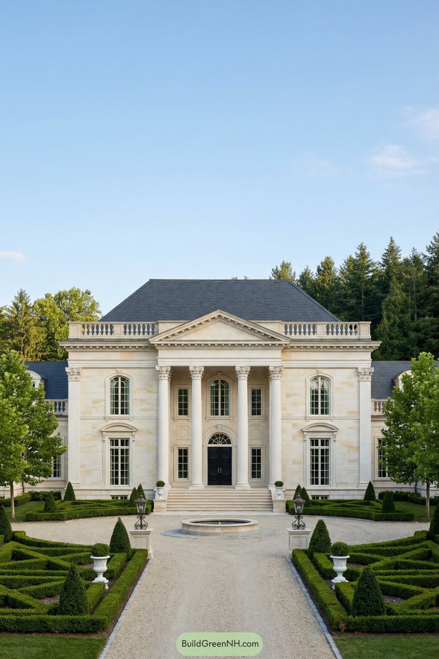 high-res photo of Gorgeous Old Money House, imposing neoclassical facade with a centered tetrastyle Corinthian portico and full-height pilasters framing a perfectly symmetrical elevation, pale ivory limestone with subtle honey veining and crisp white stone trim, rectangular main block with shallow projecting center bay and balanced side wings, finely tooled ashlar masonry and carved acanthus friezes, low-pitched hipped roof in dark charcoal slate with a stone balustrade parapet, tall divided-light windows with arched heads on the piano nobile and keystoned lintels below, double black-painted paneled entry doors with a semicircular fanlight and sidelights, broad limestone stair and straight gravel axis leading to a circular forecourt with a low fountain basin and wrought-iron lanterns, parterre hedges in geometric knots with clipped boxwood cones and white marble urn planters, mature plane trees and dense evergreen backdrop beyond the formal garden, clear blue sky and long perspective approach in calm daylight, single real-life photo, high-resolution, architectural photography, soft lighting, cinematic composition, strictly no collages.