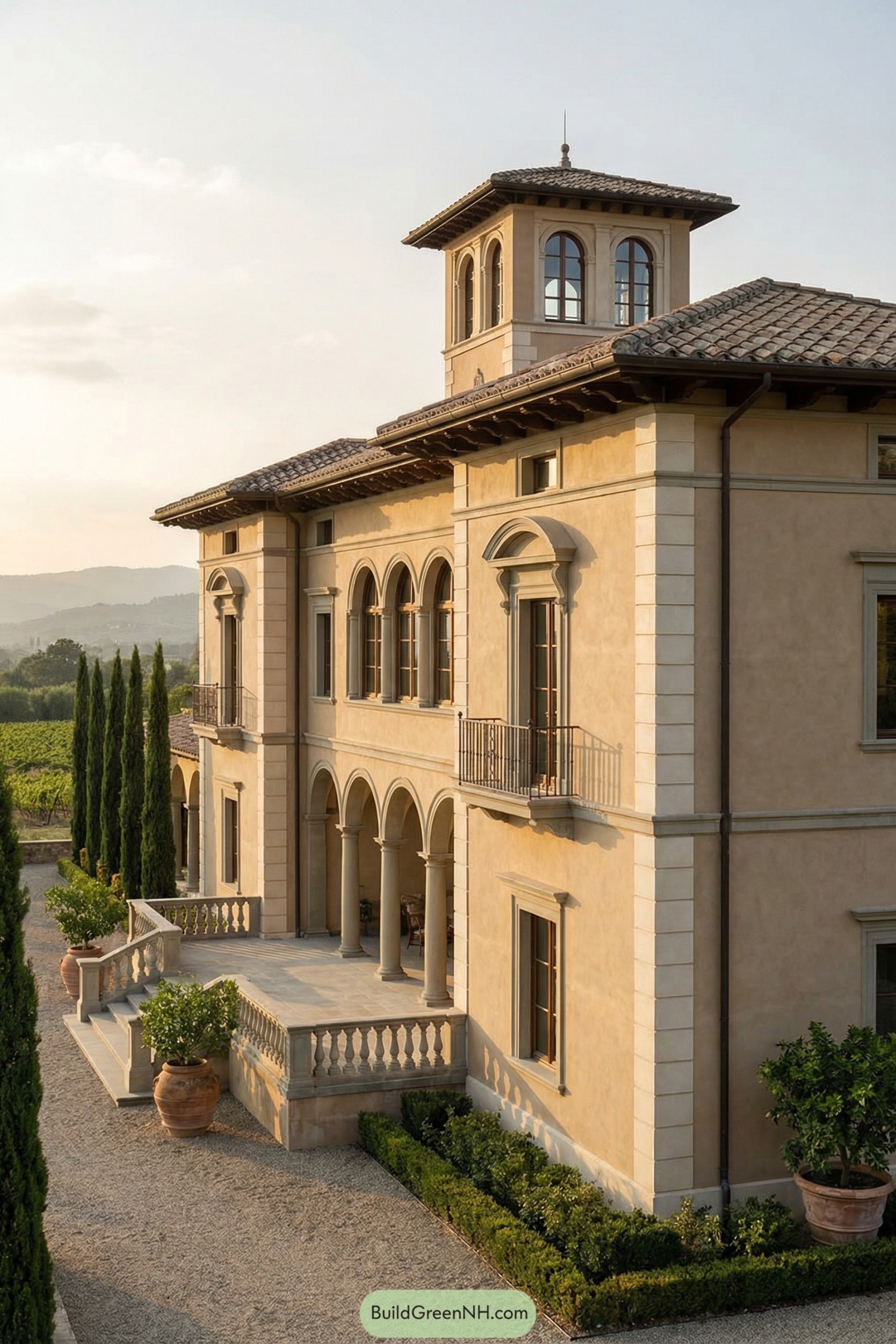 Elegant Tuscan-style villa with arches and tower