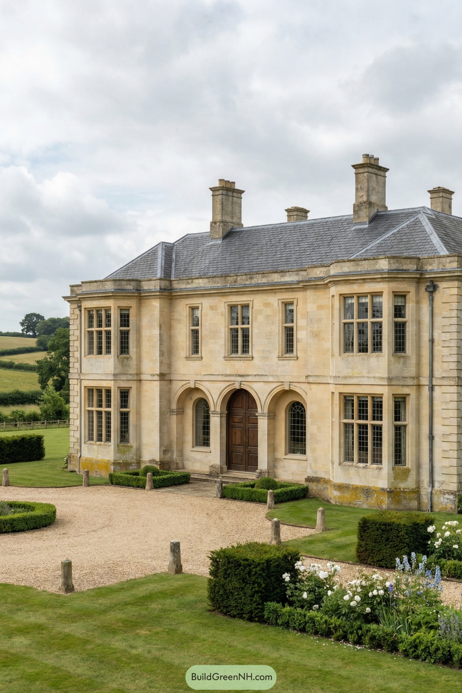 Elegant cream stone manor with arched entry, tall chimneys, and manicured gardens on a rural estate
