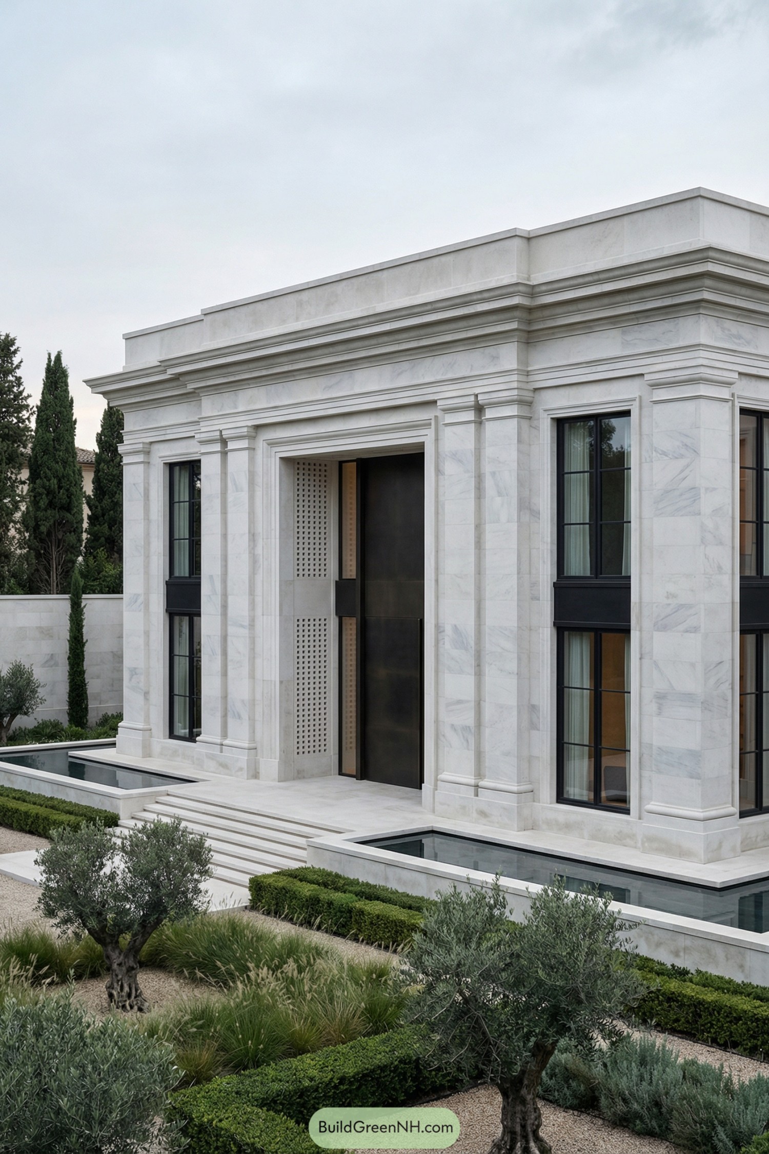 White marble mansion with tall bronze entry and reflecting pools framed by manicured Mediterranean gardens