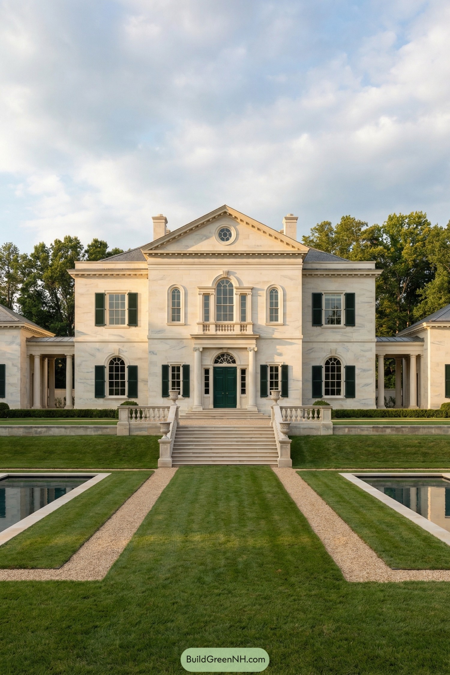 Grand neoclassical mansion with marble facade, central staircase, and reflecting pools flanking a formal lawn