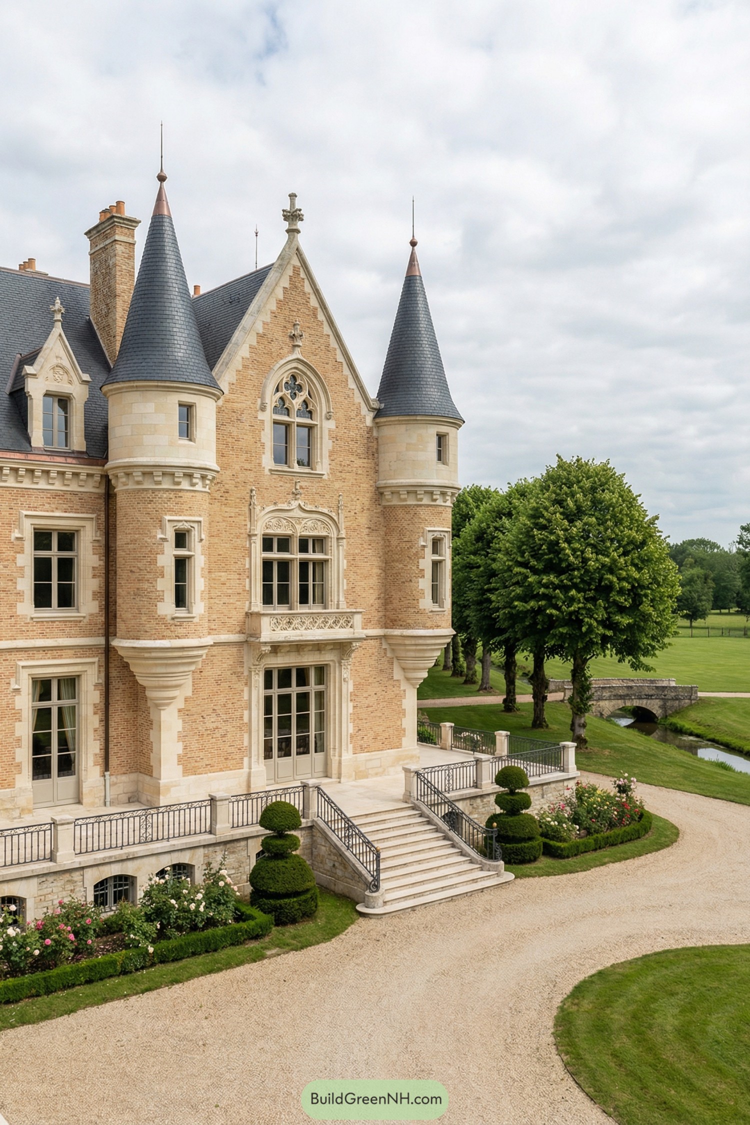 Elegant turreted stone manor with manicured formal gardens and circular drive