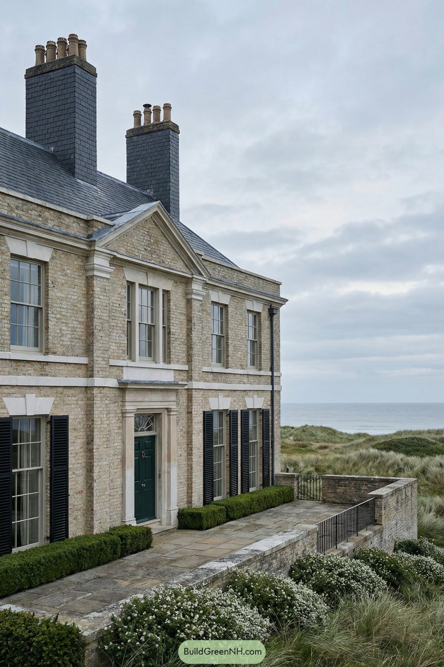 Classic brick seaside manor with tall chimneys, black shutters, and clipped hedges overlooking grassy dunes and the ocean
