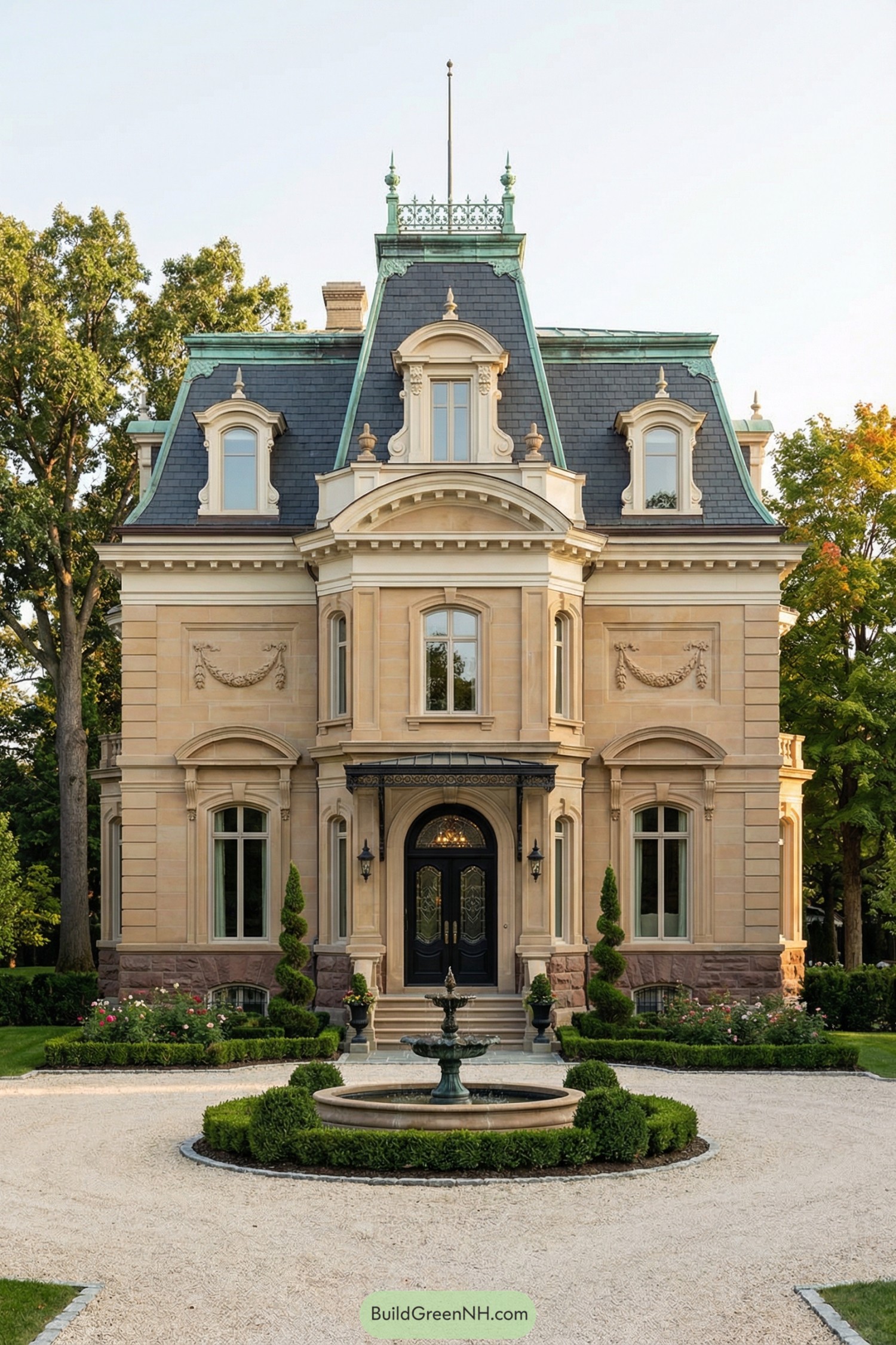 Grand stone mansion with mansard roof and central fountain