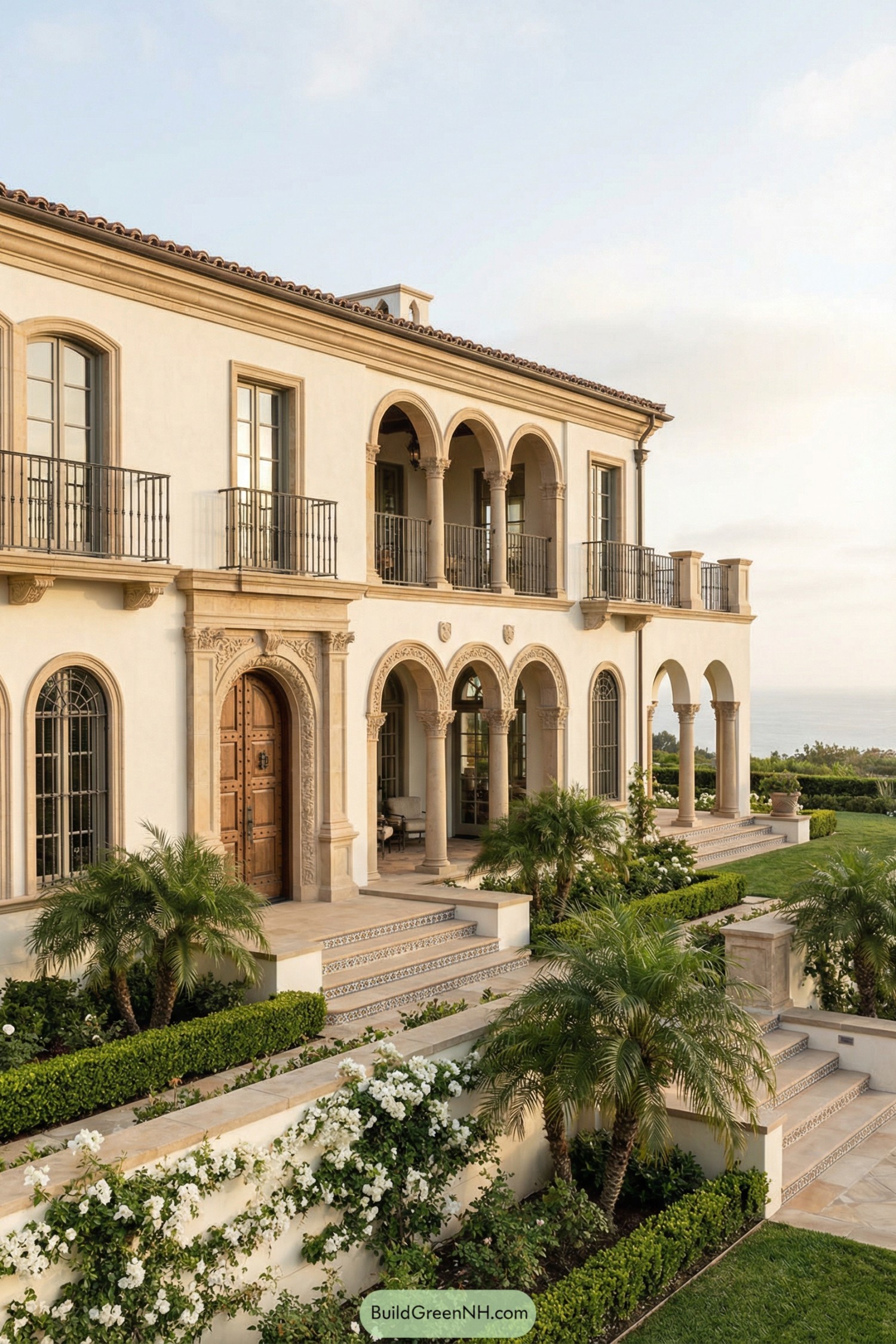 Mediterranean style mansion with arched loggias and lush terraced gardens