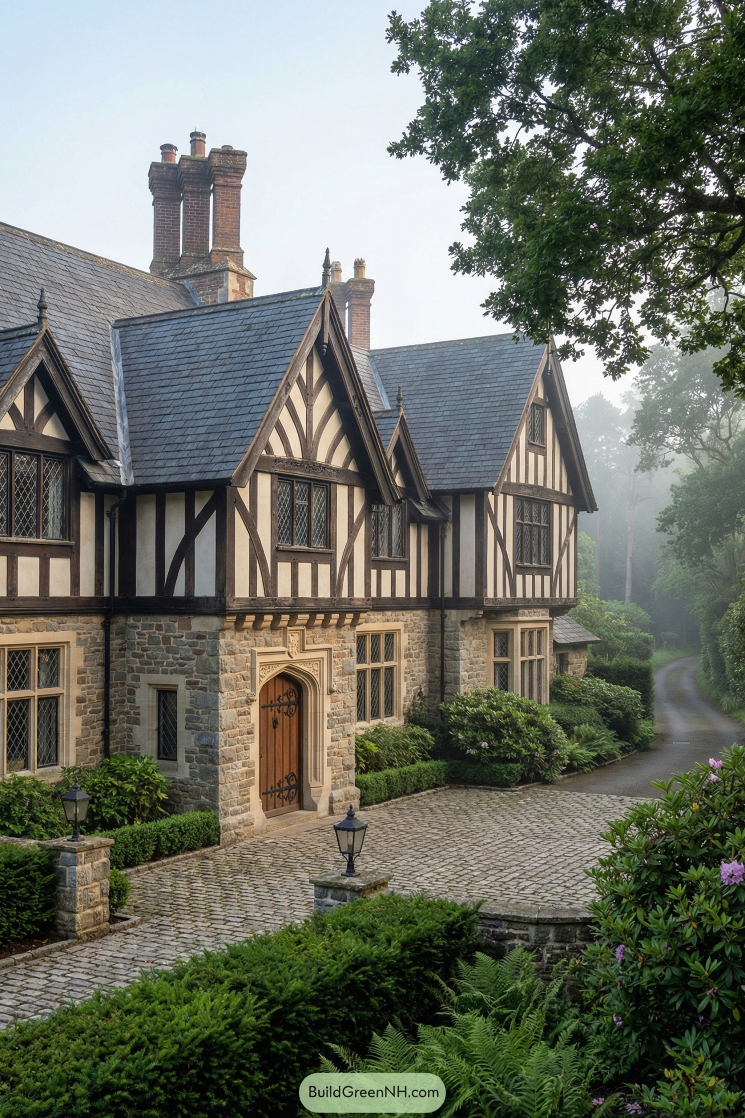 Stone and timber Tudor estate with cobblestone drive and lush garden approach