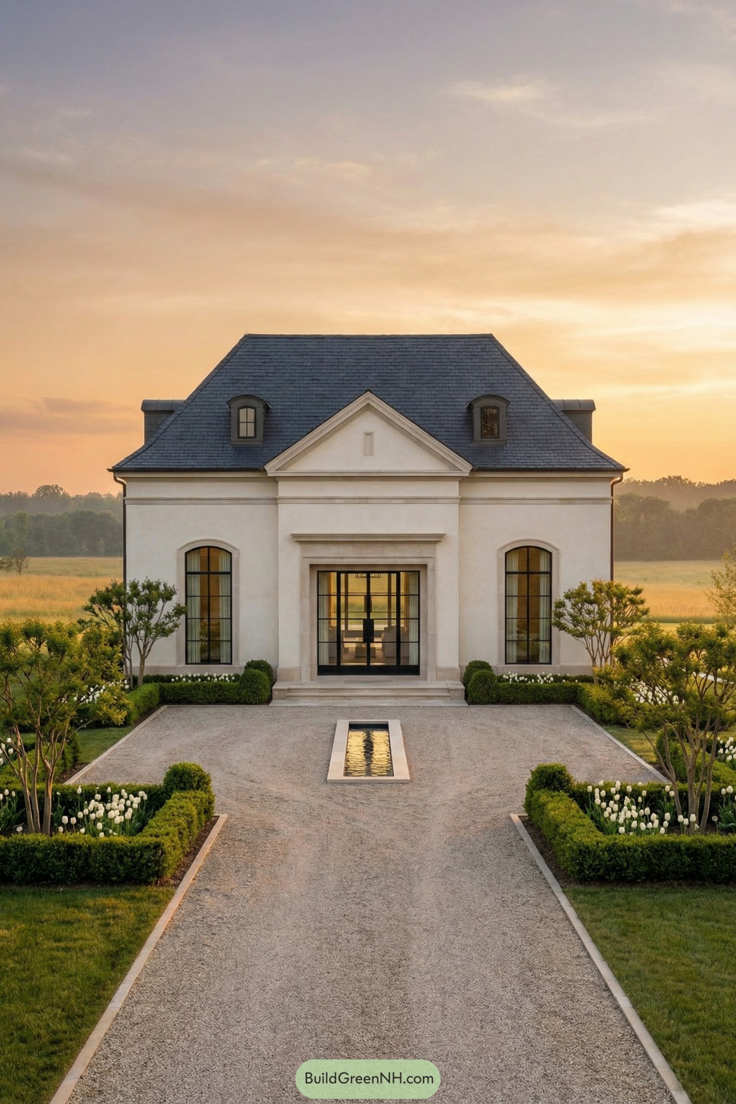 Elegant cream stucco manor with slate roof, central reflecting pool, and symmetrical formal gardens at sunset