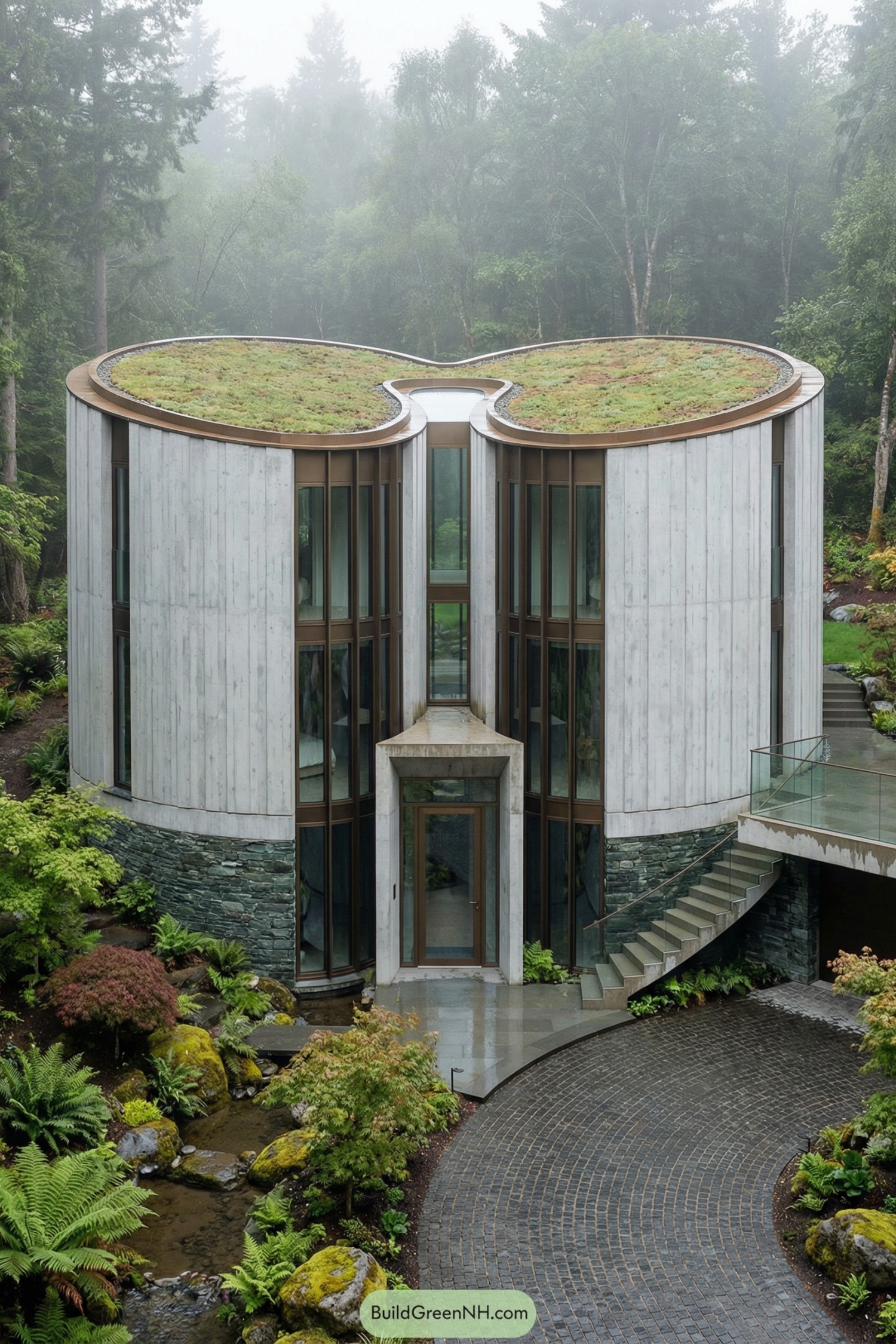 High-res photo of heart-shaped modern house exterior with a bold contemporary facade articulated by ribbed concrete fins that radiate along the curved wings and converge at a central vertical lightwell; colors are cool light-gray concrete with deep bronze anodized window frames and accents of dark green stone at the base; the structure reads as a pronounced heart silhouette with two rounded volumes joined by a narrow waist and a slightly projecting central spine; materials include board-formed concrete, bronze metal cladding, green schist veneer, and clear laminated curved glazing; roofing is a continuous green roof blanket edged by a thin bronze coping, subtly domed over each lobe; windows present as tall arched curtain-wall segments on the inner curves and narrow slit windows on the outer curves for rhythm; the entry door is a bronze-framed glass pivot door set into a recessed concrete portal; outdoor structures include a sinuous staircase in exposed concrete, a cantilevered viewing deck with glass balustrade, and a curved driveway in dark basalt setts; landscaping uses ferns, mossy boulders, and Japanese maples with a shallow stream crossing the foreground; surrounding environment is a misty temperate forest with filtered light and wet surfaces; setting is overcast with soft reflections and cinematic depth, single real-life photo, high-resolution, architectural photography, soft lighting, cinematic composition, strictly no collages.