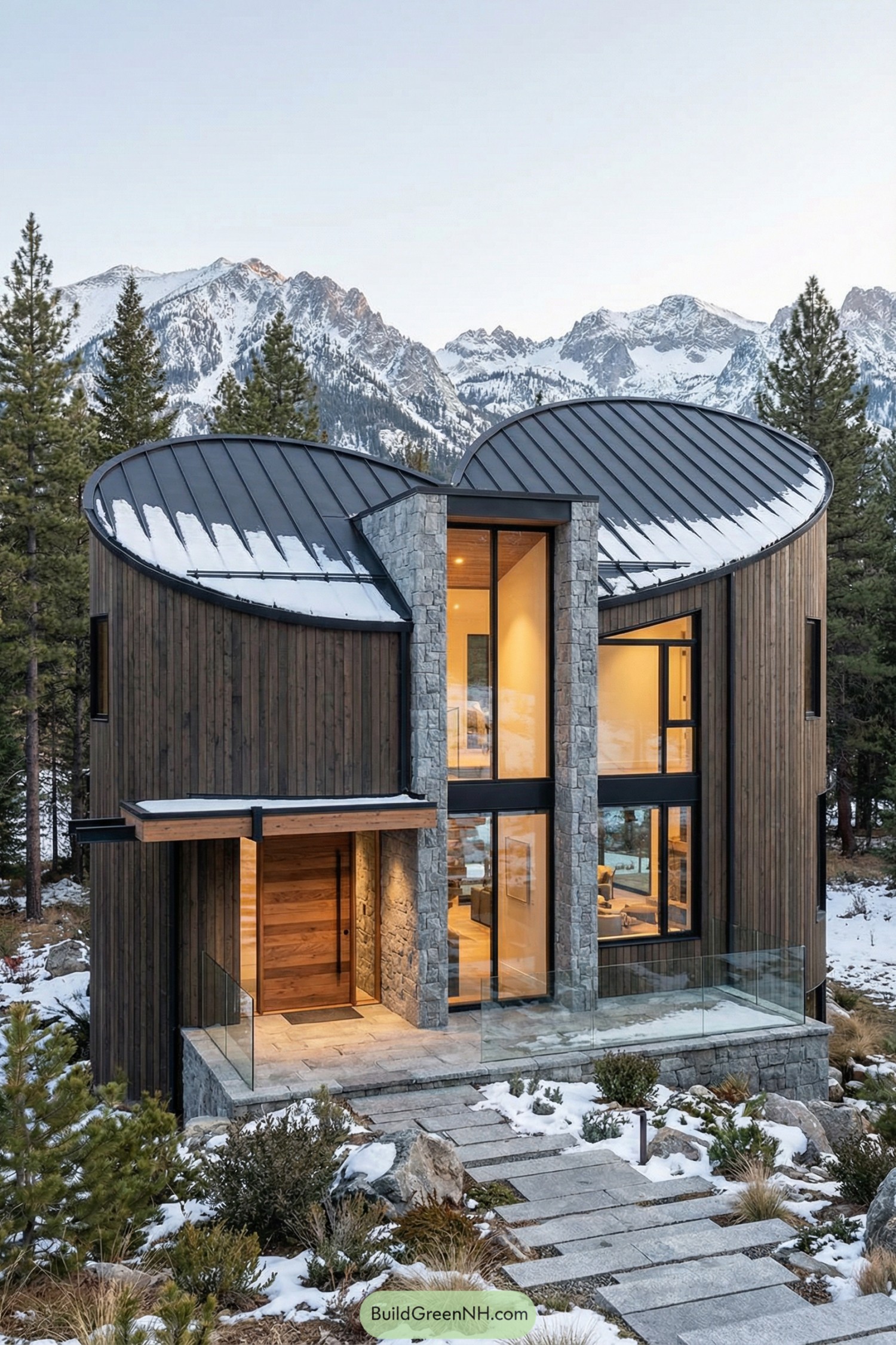 Two story mountain house with curved twin heart shaped metal roofs stone spine and tall glass windows. Wood cladding and snow covered landscape surround the modern entry path and glass balcony