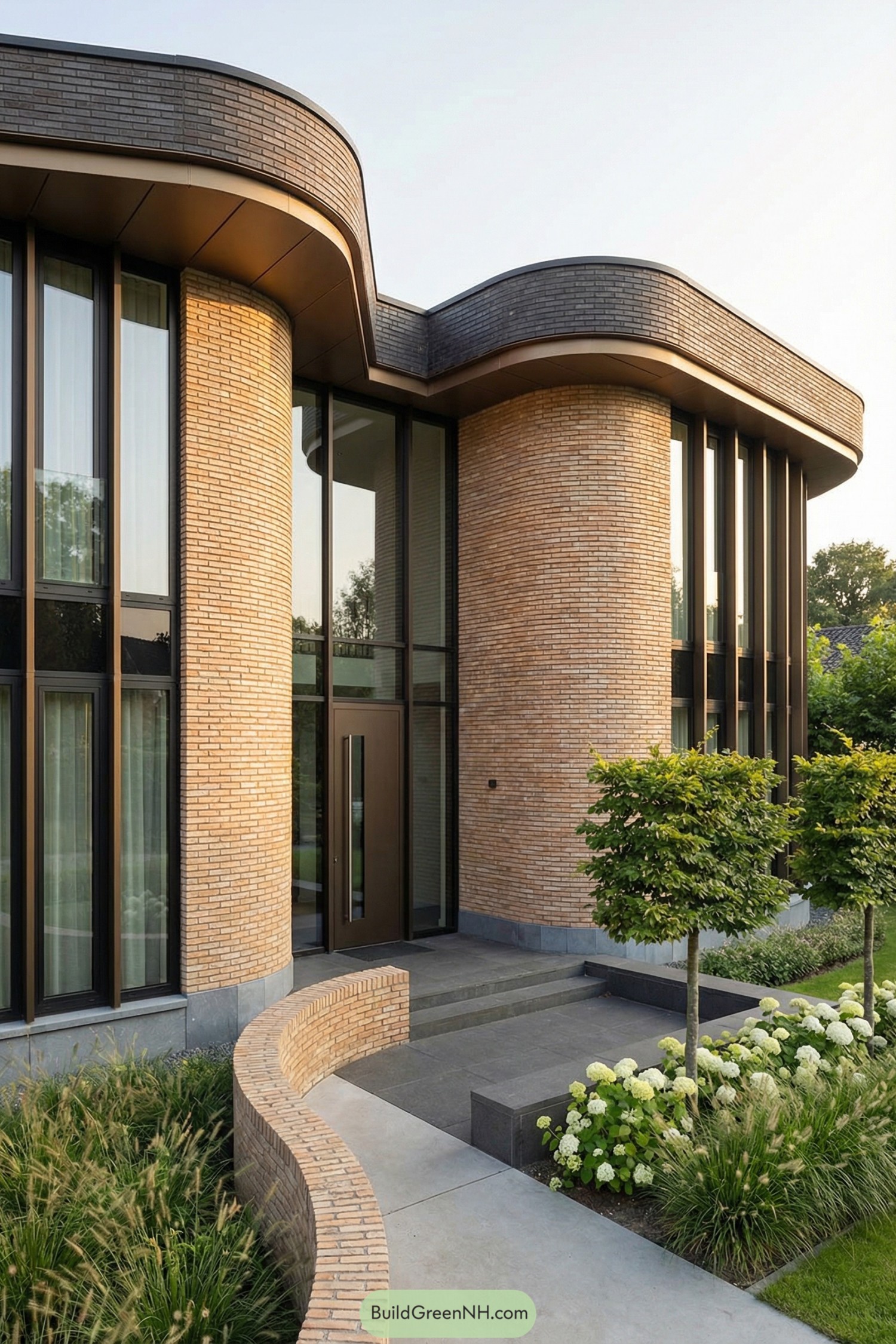 Curved brick modern house facade with tall windows and landscaped entry path