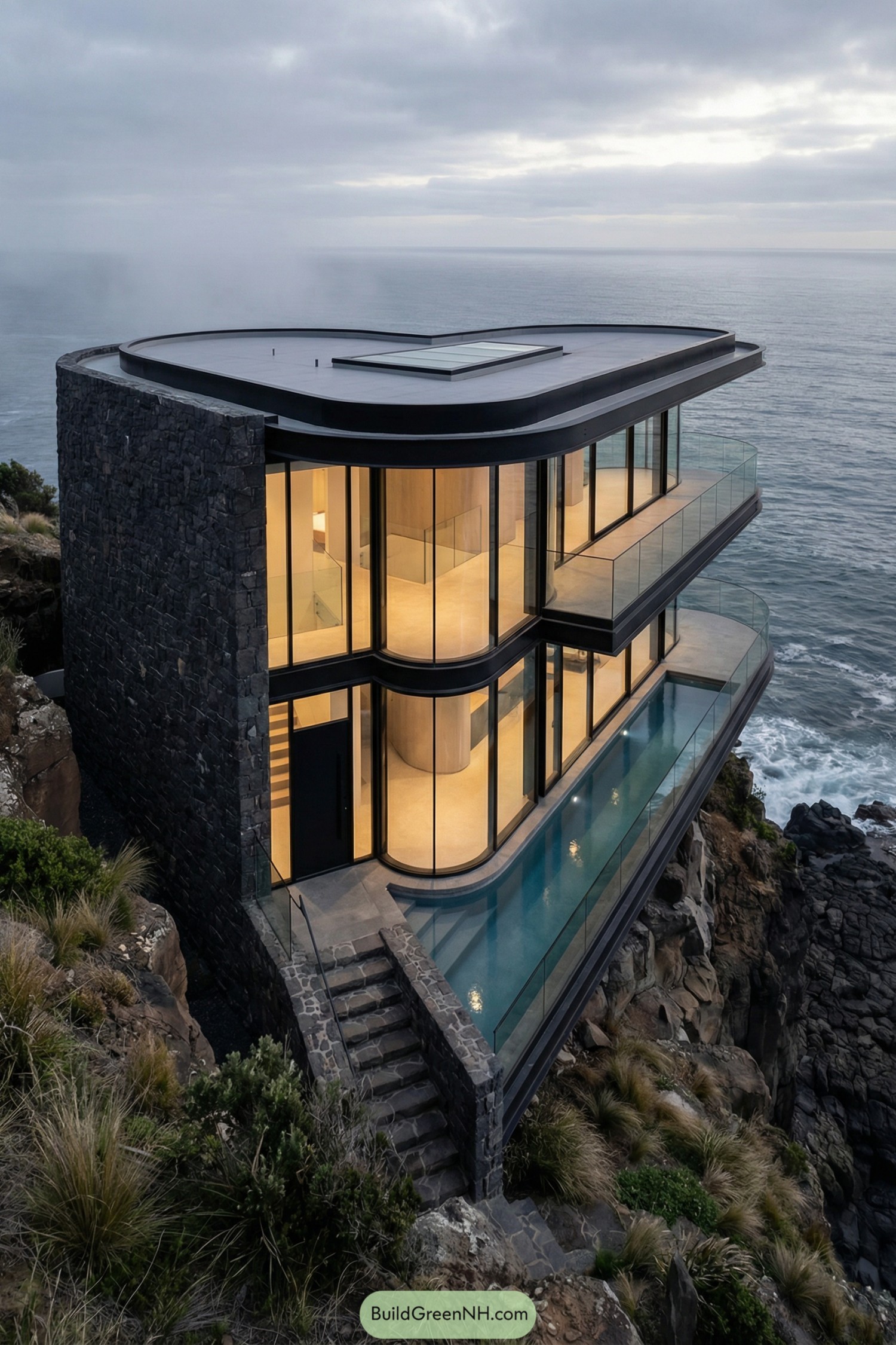 Modern heart shaped cliffside home with glass walls and oceanfront pool