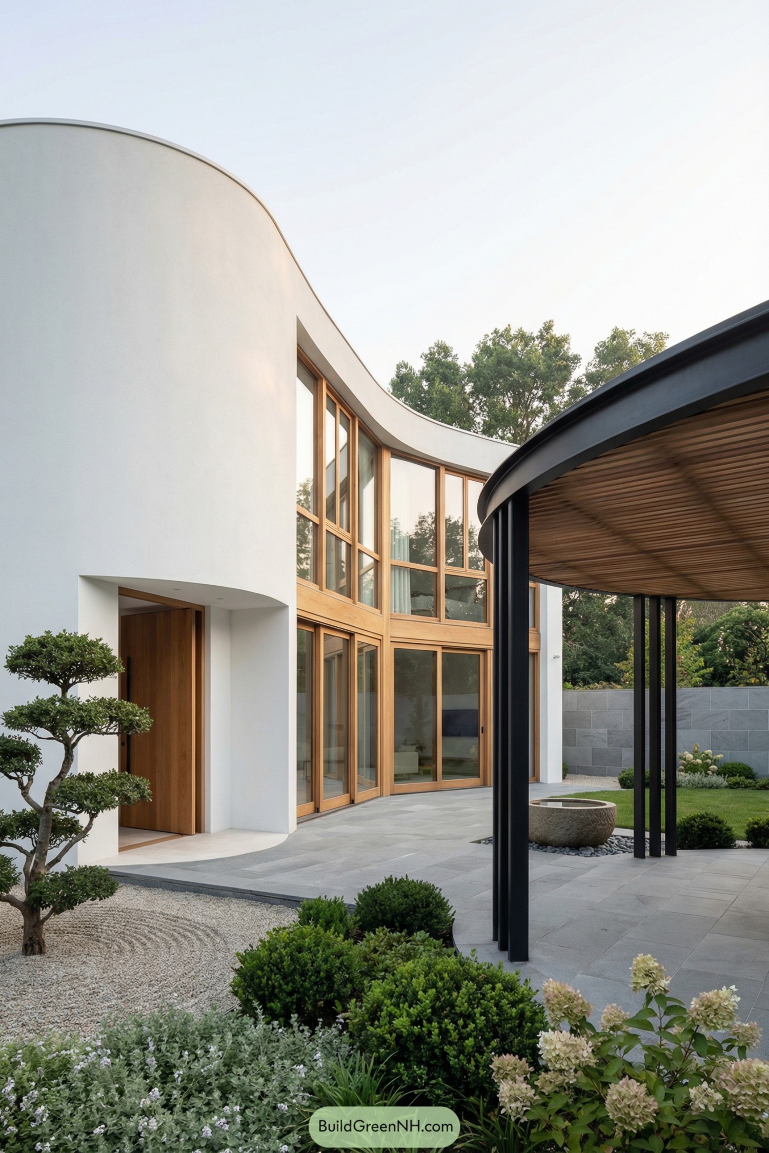 Curved white modern house with tall wood-framed windows opening to a landscaped courtyard and pavilion
