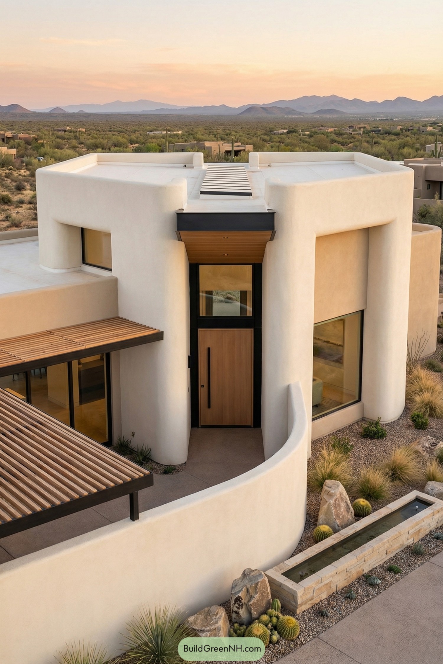 Curved stucco desert home with heart shaped entry and wood accented pergola