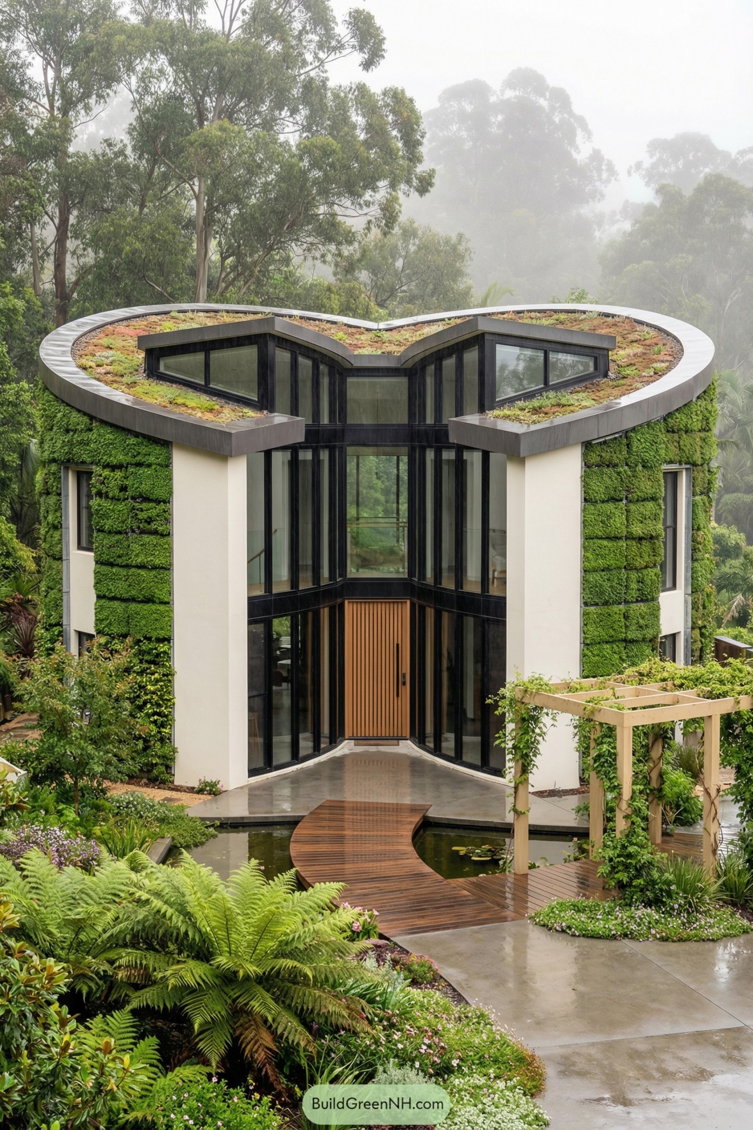 Heart shaped modern house with green roof and lush vertical gardens in a misty forest setting