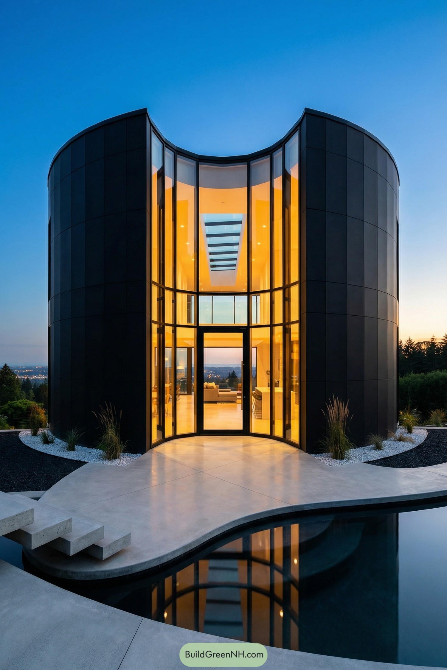 Modern heart shaped glass house with glowing interior and curved pool at dusk