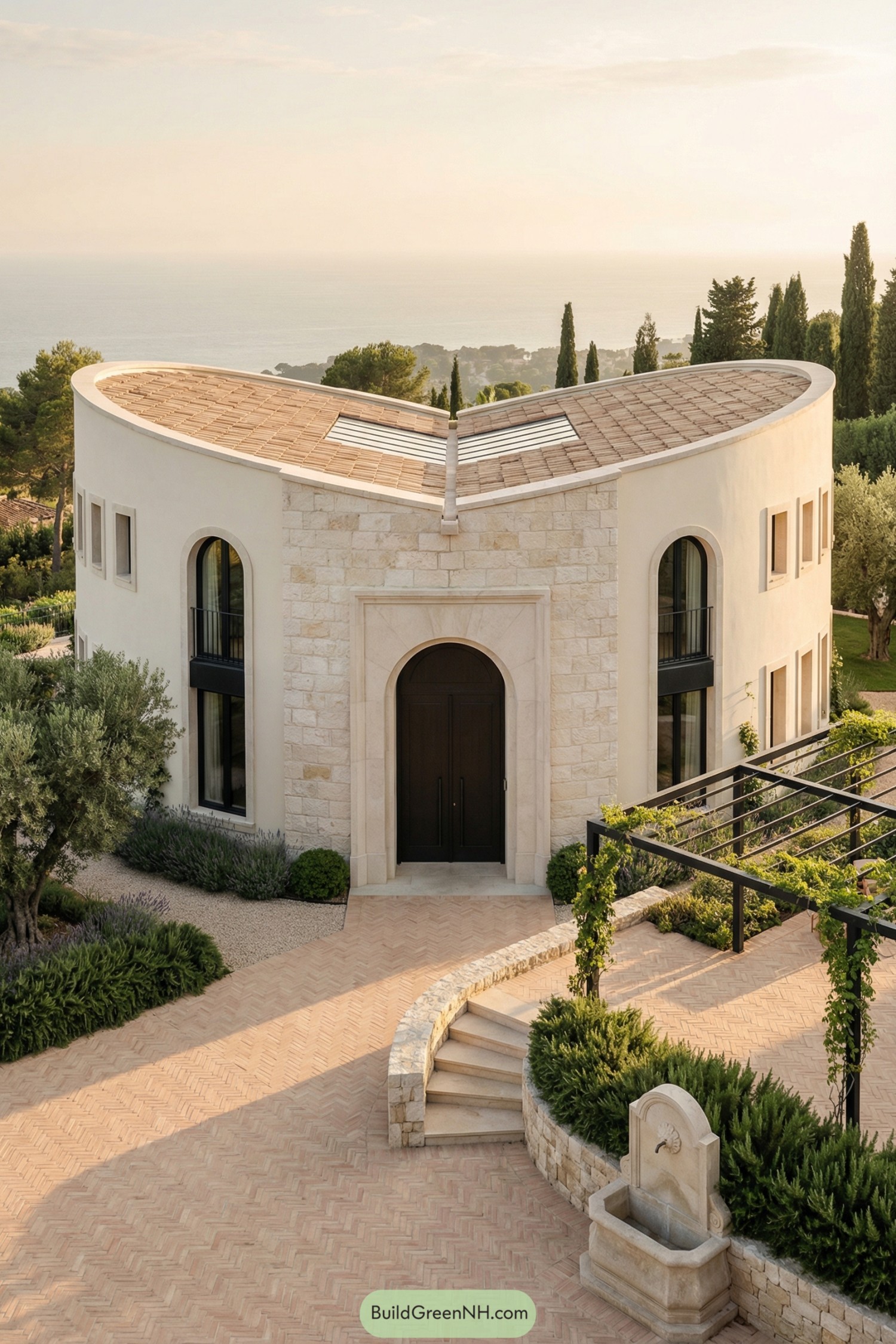 Curved stone villa with heart shaped roof overlooking the sea