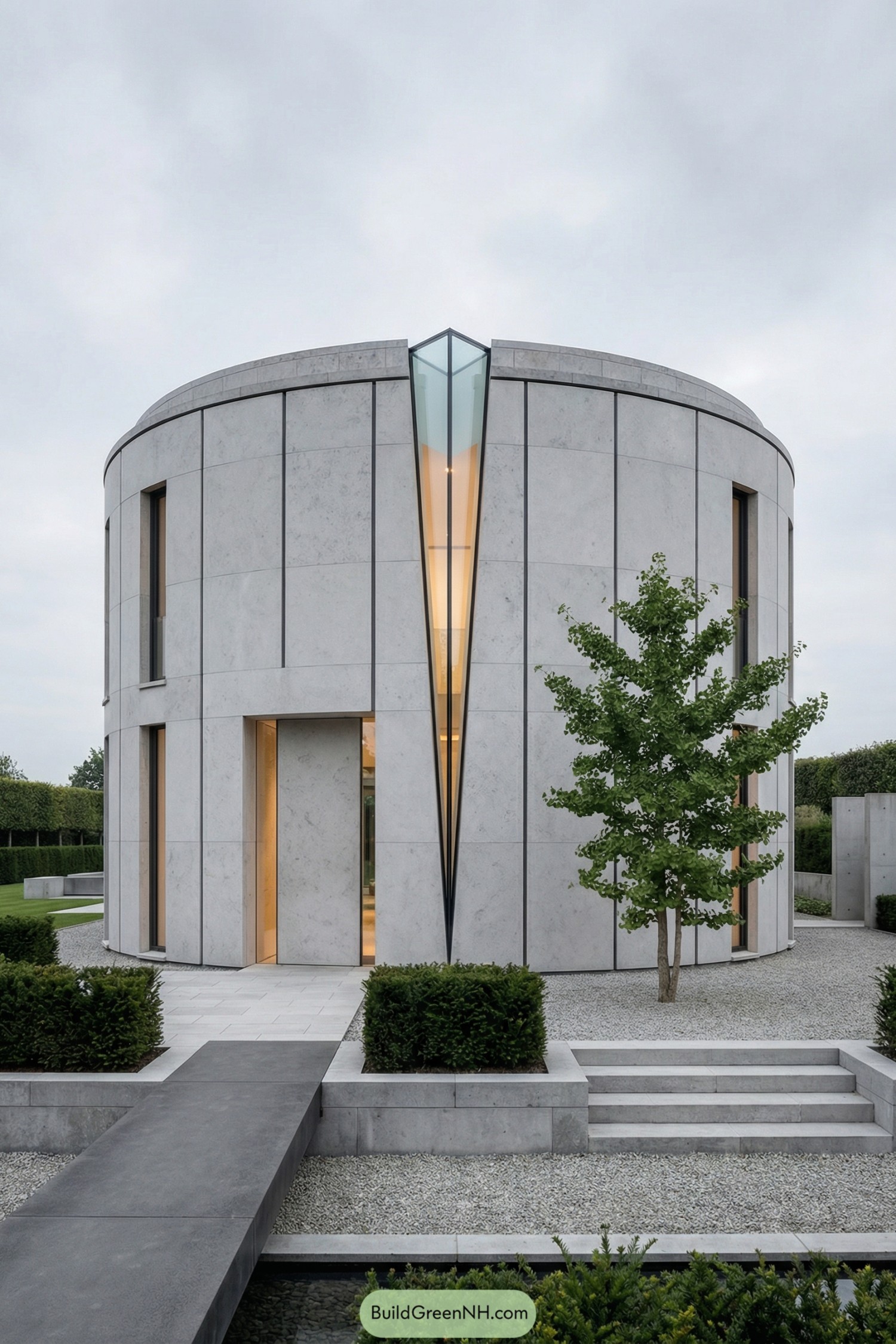 Round concrete house with vertical glass wedge entry and minimalist landscaping