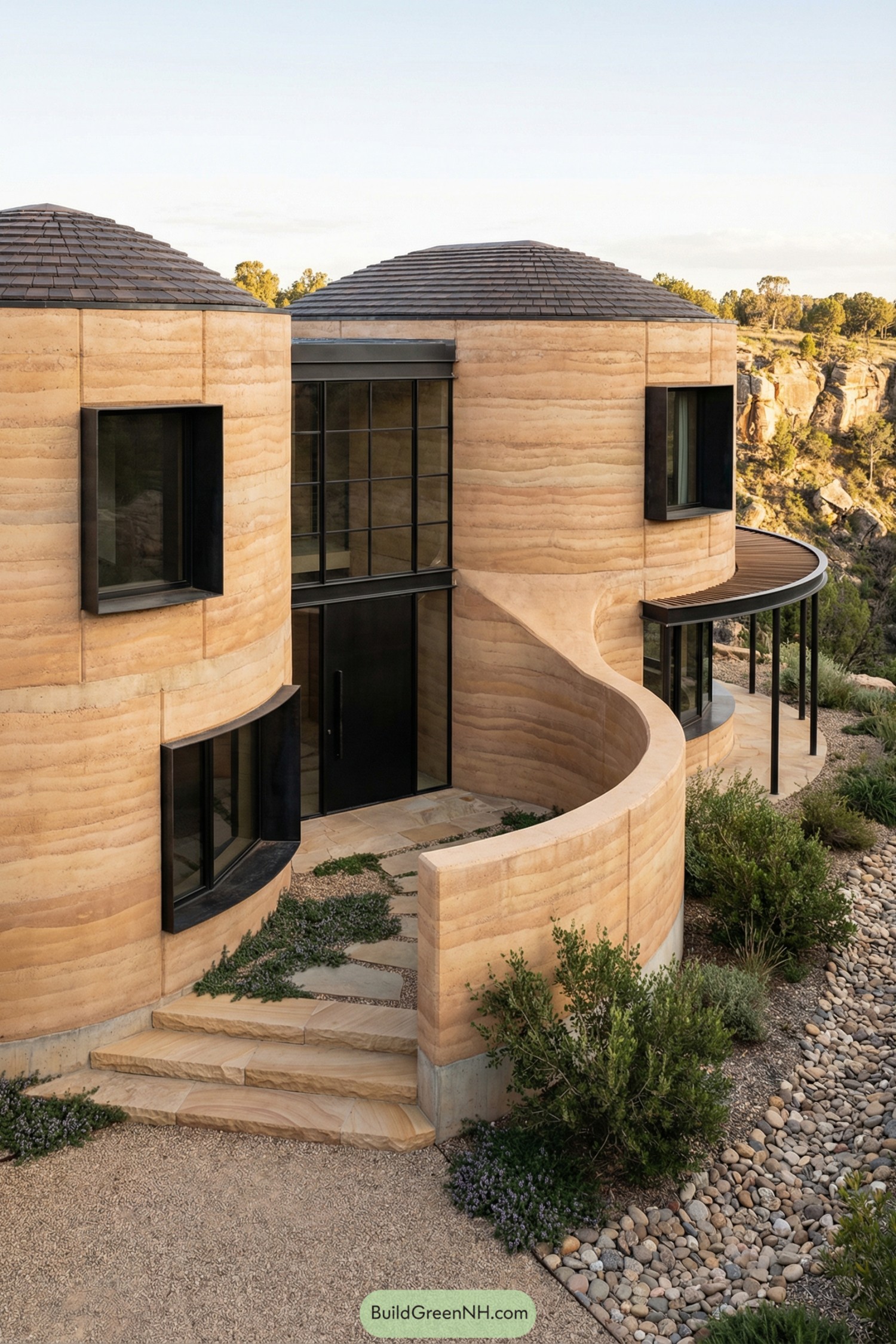 Curved rammed earth heart shaped canyon house exterior