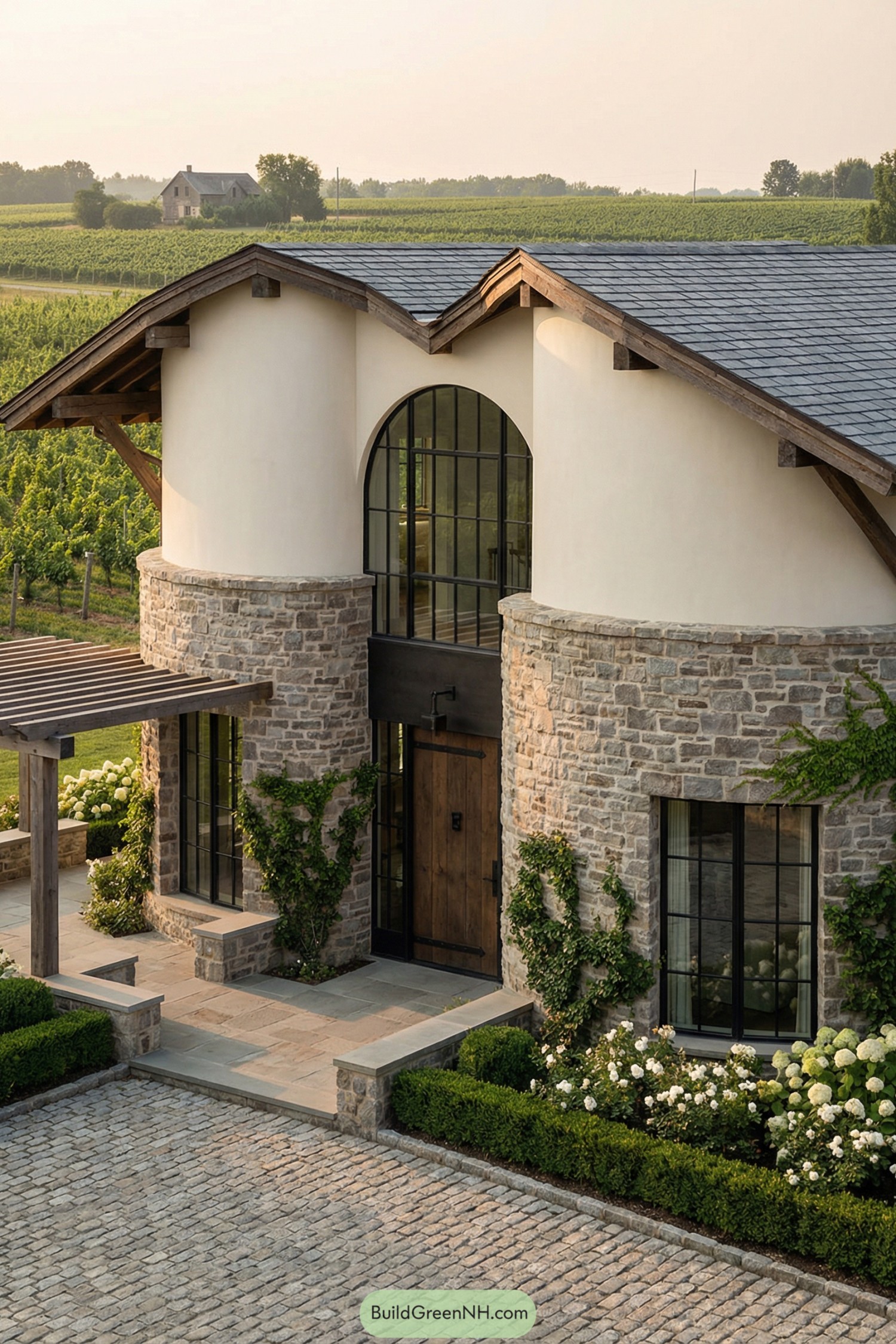 Heart shaped stone and stucco country house with arched glass entry facing vineyard fields