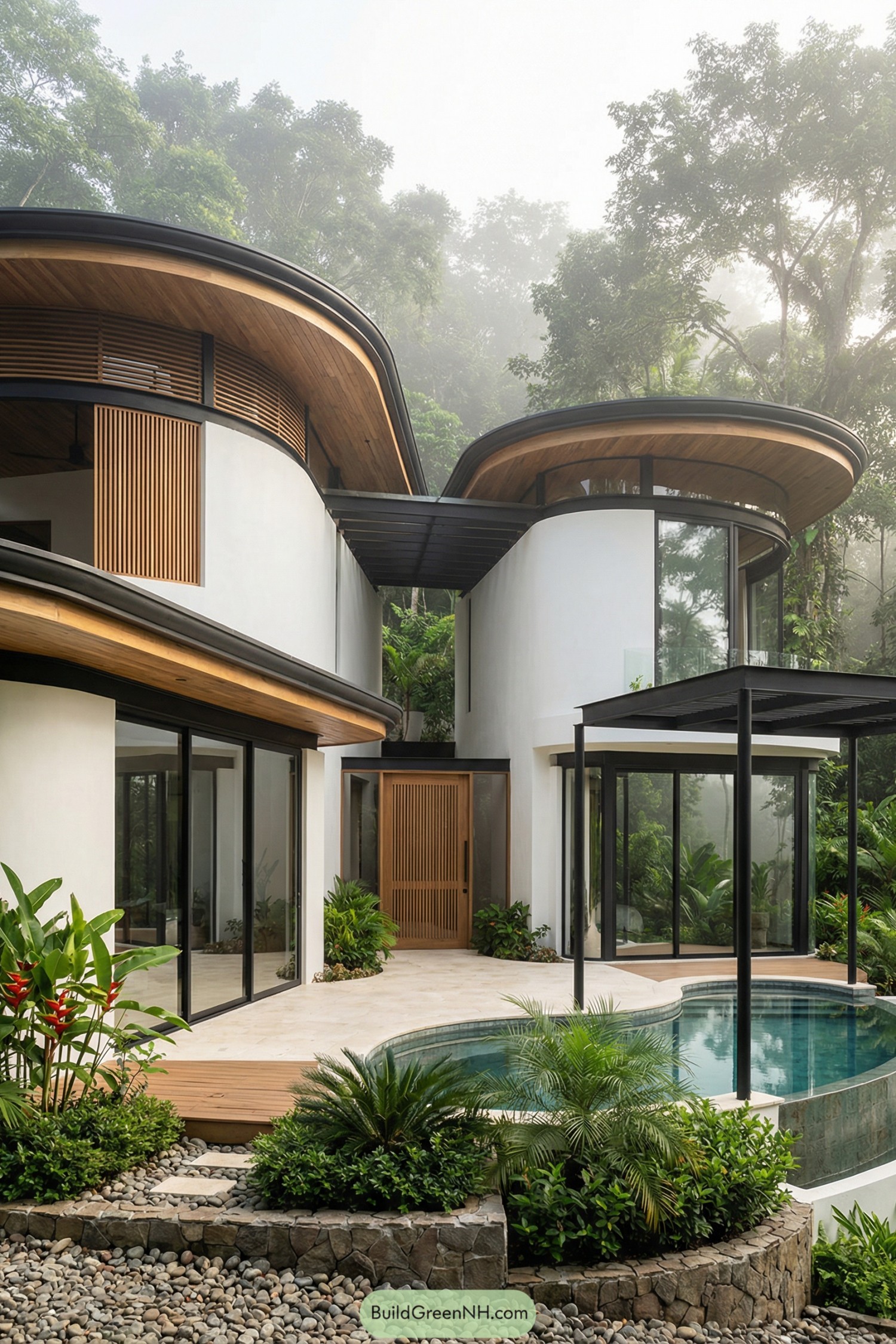 Curved white villa with heartlike roofs and pool in lush rainforest setting