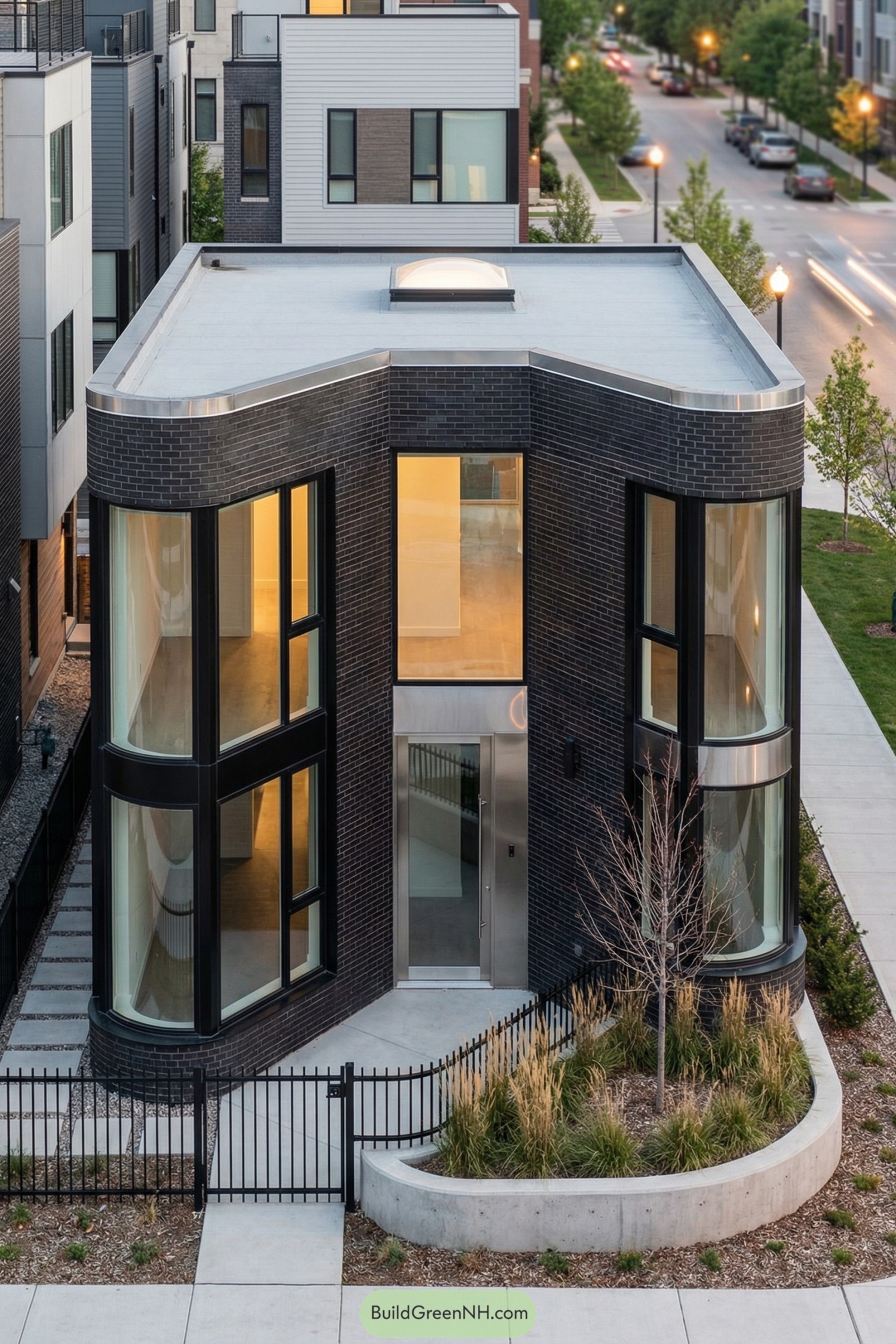 Modern black brick townhouse with subtle heart shaped street facade and tall curved glass bays