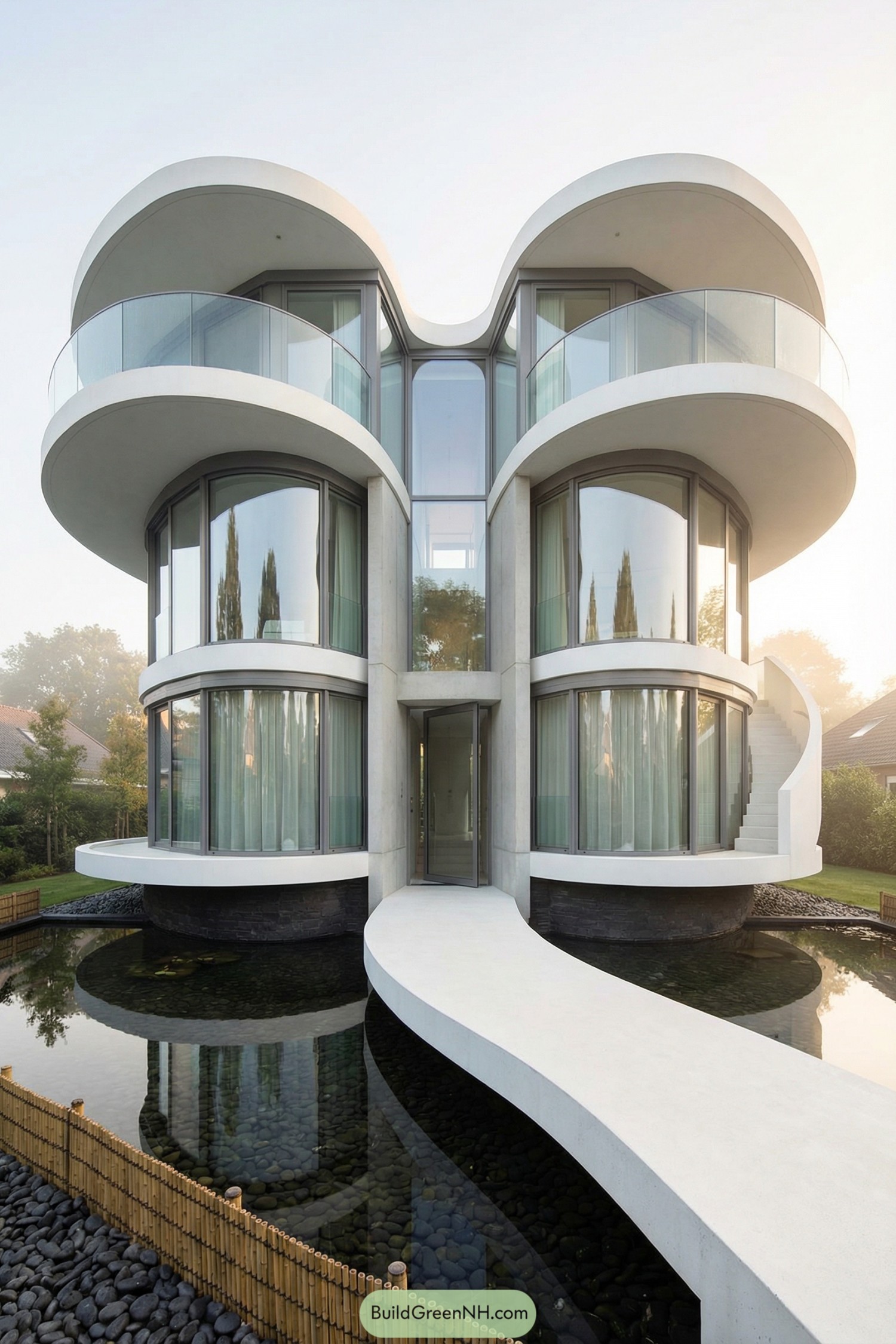 Modern heart shaped glass villa over reflecting pool with curved bridge entry