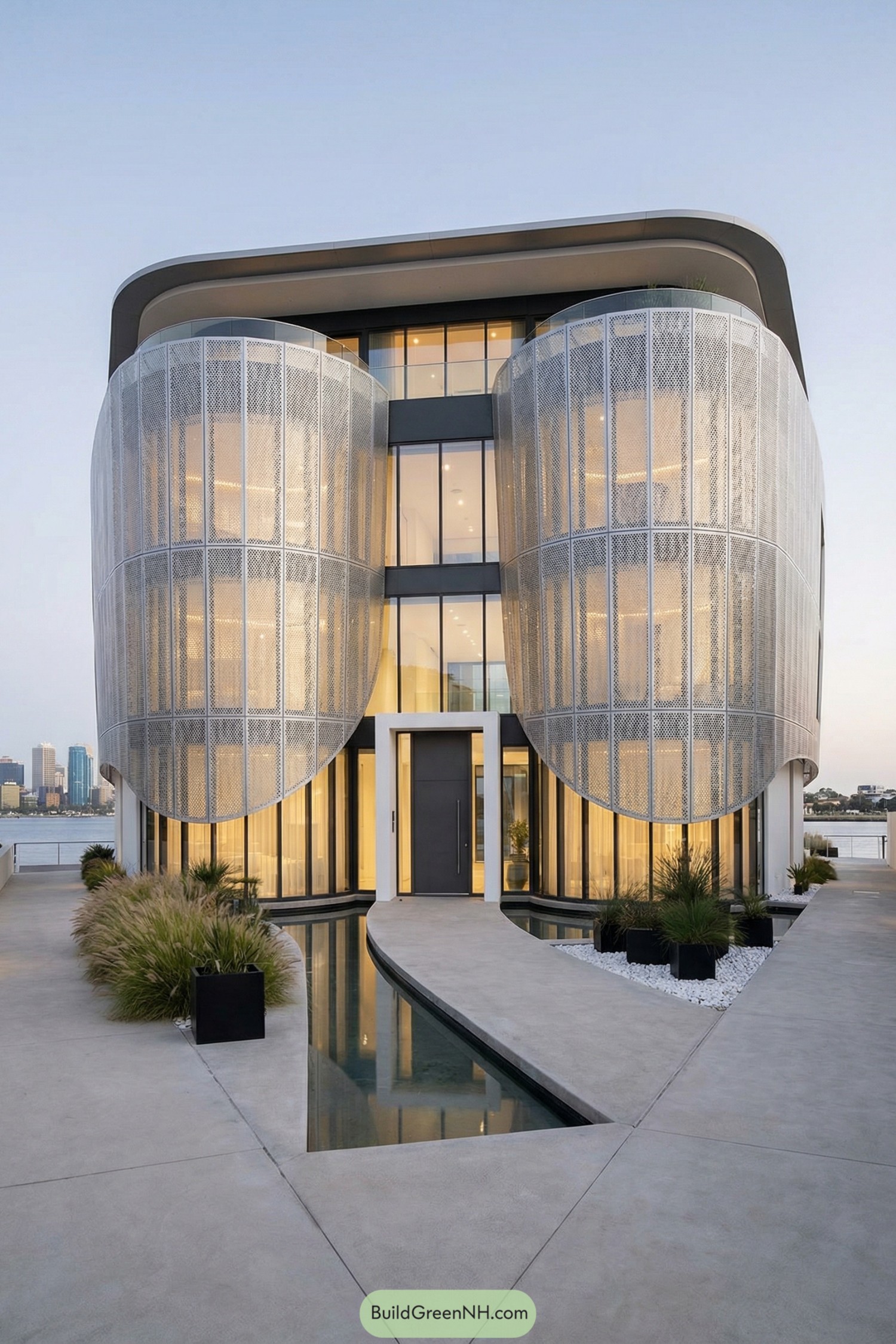 Modern waterfront house with twin curved heart-like metal facades and reflecting pool entry