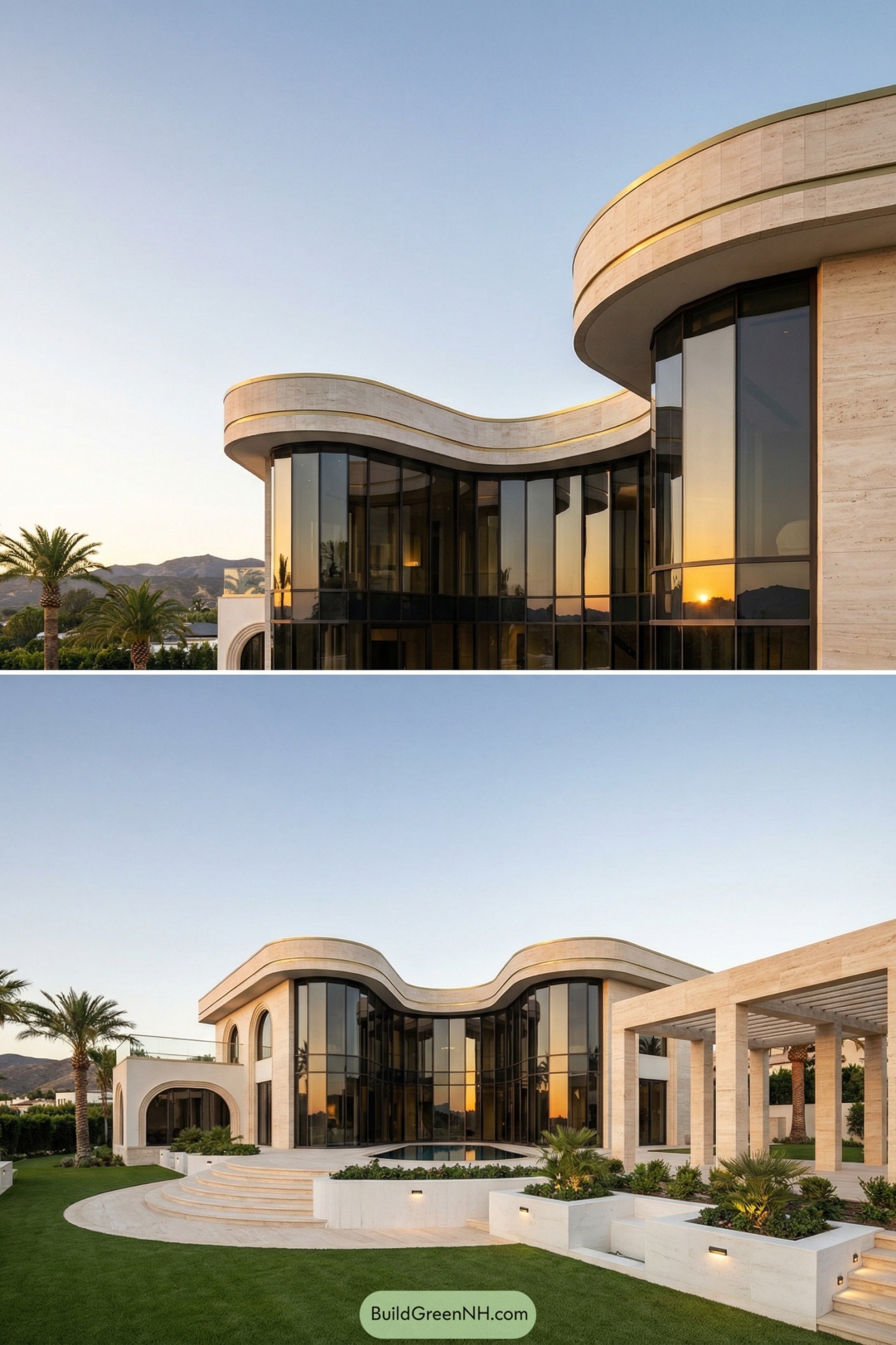 Curved glass heart-shaped modern villa at sunset