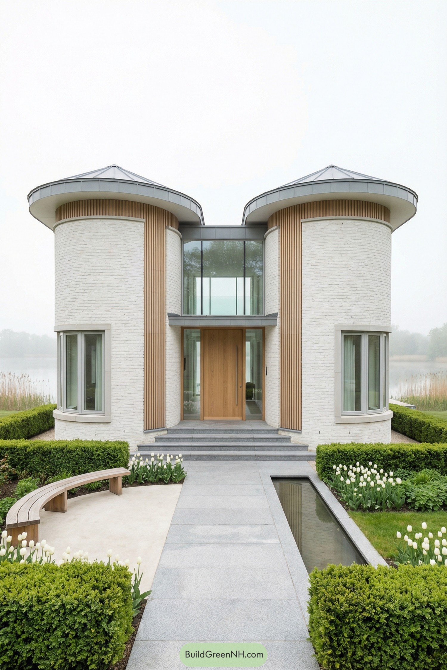 Modern heart shaped lakefront house with twin rounded towers and minimalist garden path
