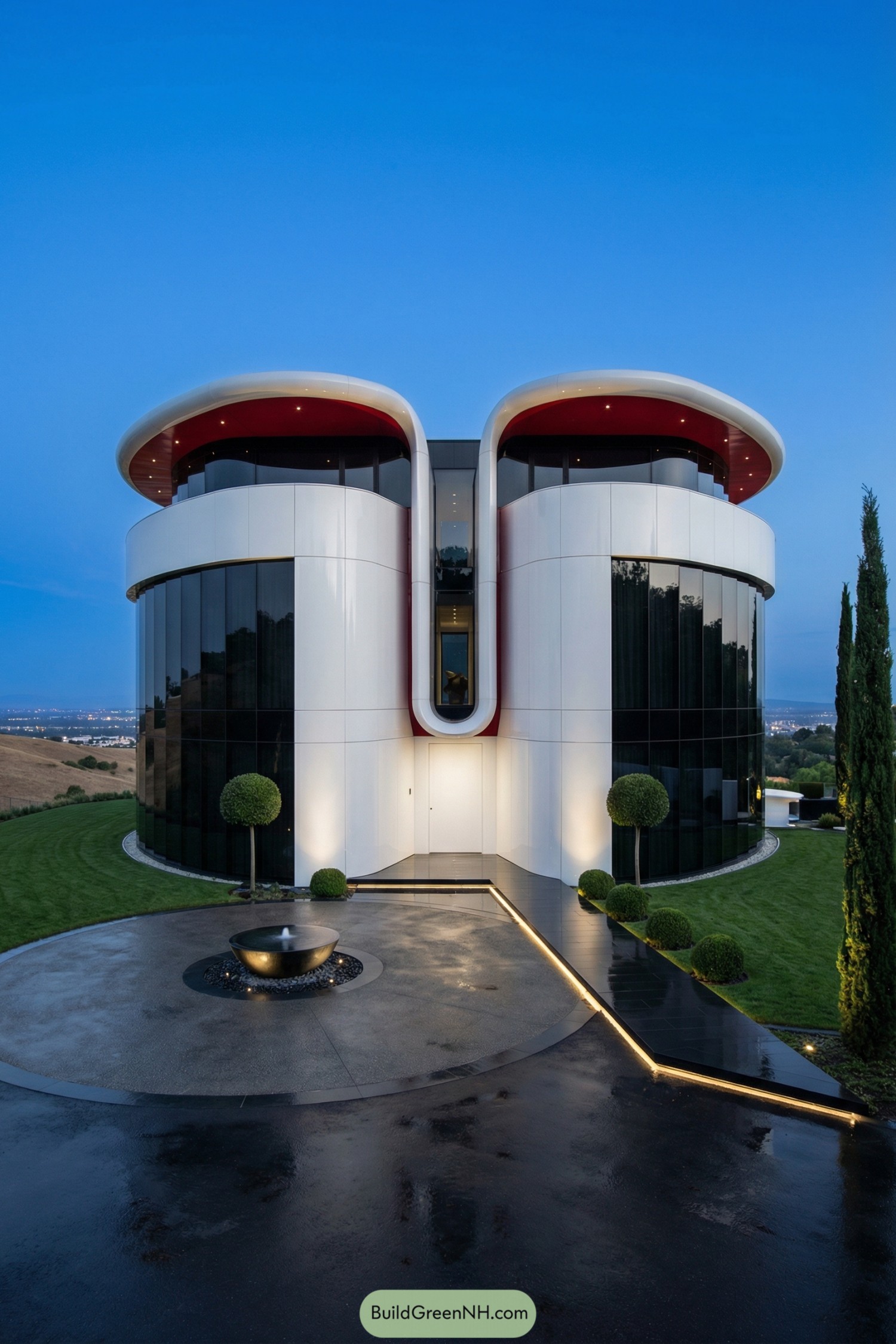 Modern heart shaped white glass house exterior at dusk