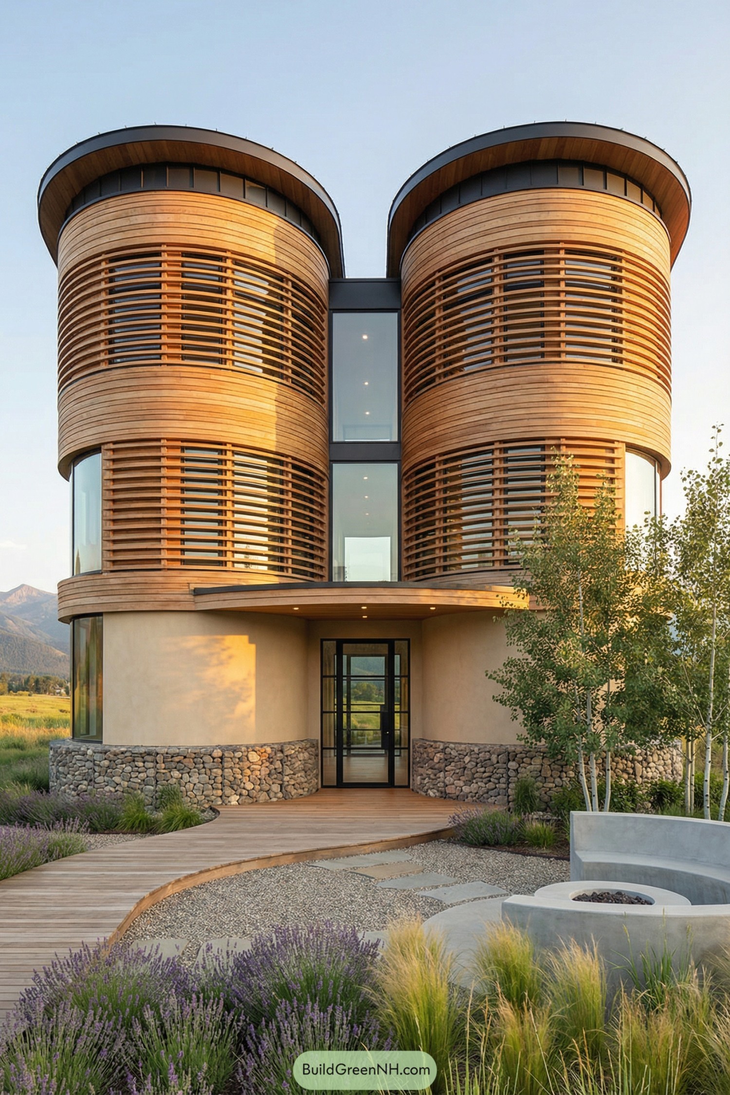 Modern twin cylindrical wood and glass house with central entry in a grassy landscape