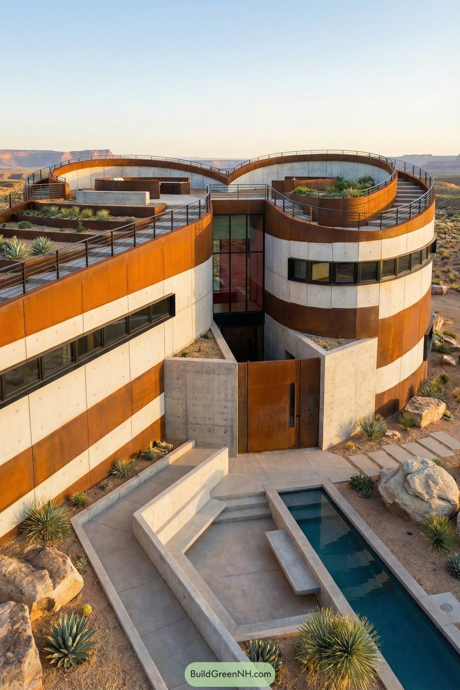 Heart-shaped desert home with layered concrete and rusted steel