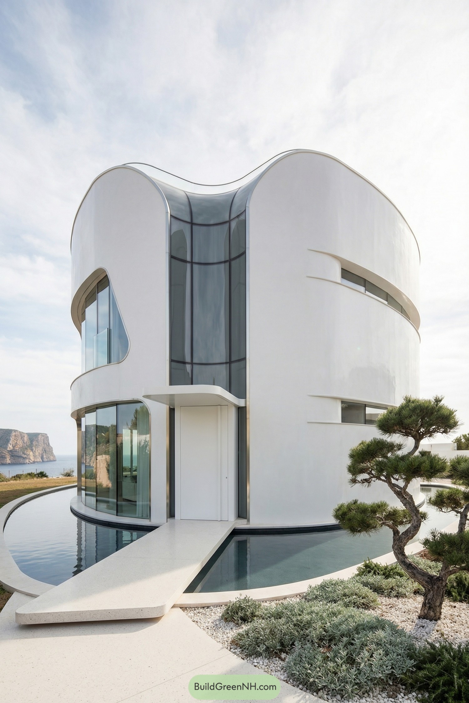 White curved heart shaped villa with sweeping glass facade and reflecting waterway at the entrance