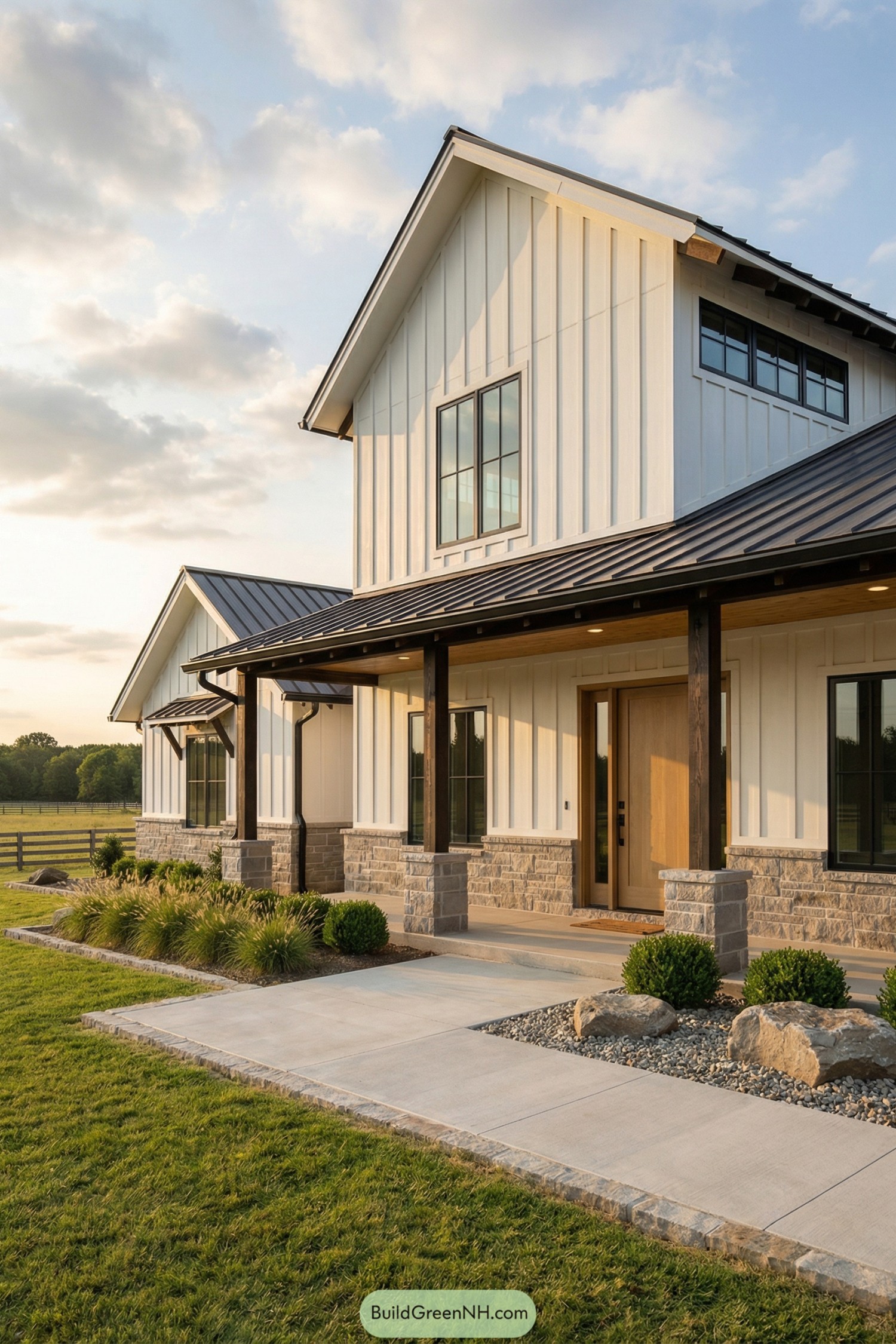 Modern white farmhouse barndominium at sunset