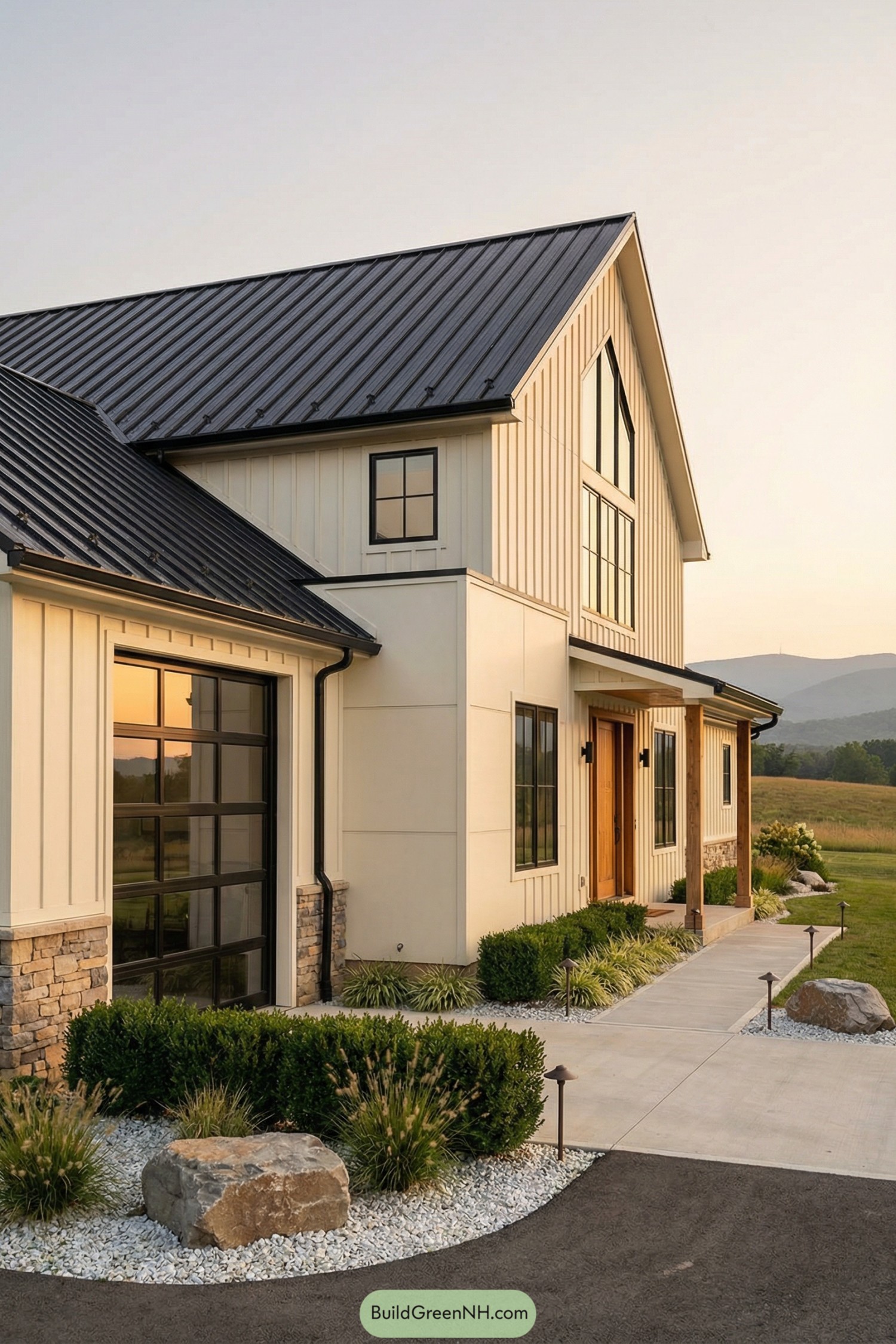 Cream board and batten farmhouse with black metal roof and glass garage door at sunset