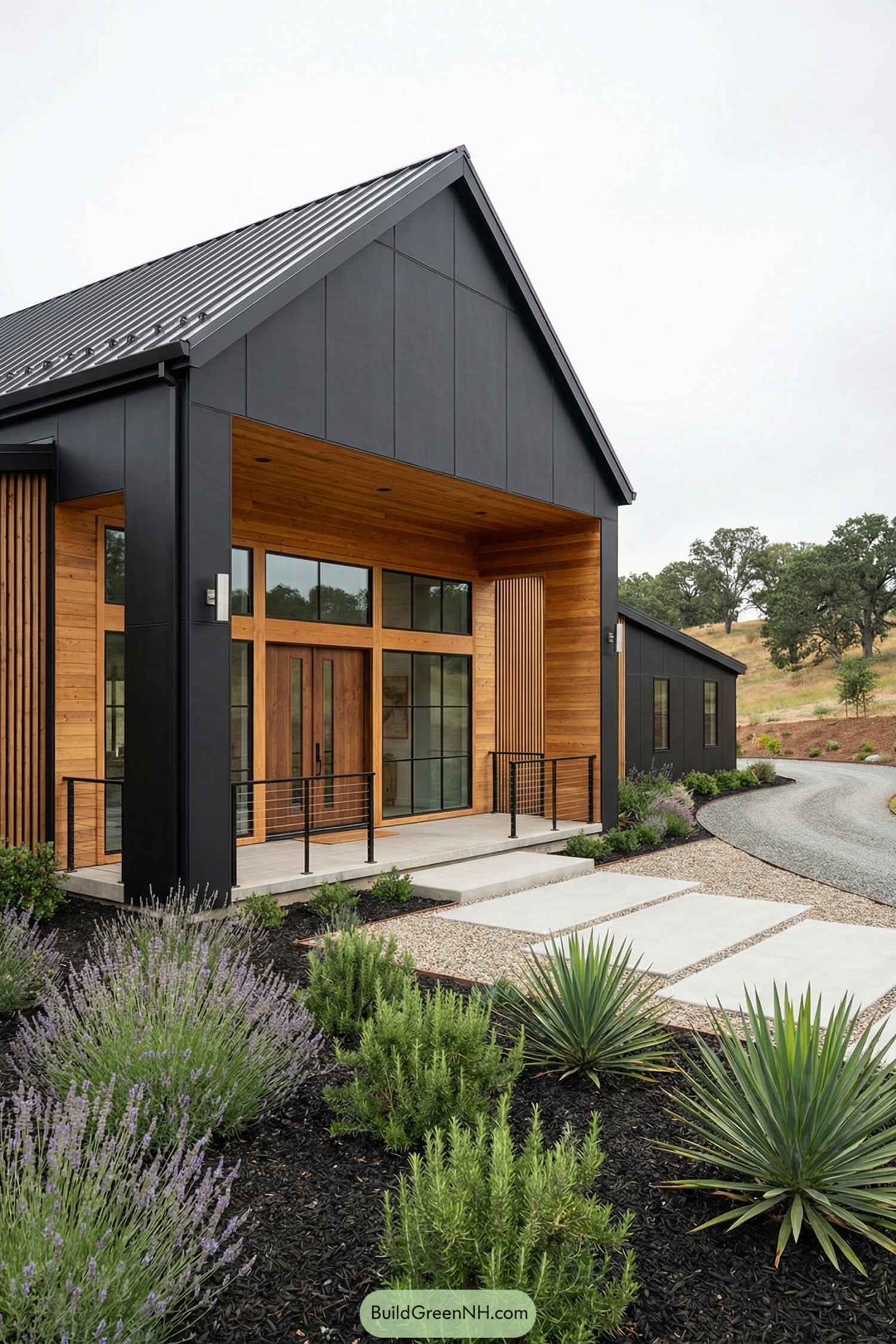 Modern farmhouse with black metal siding and warm cedar accents at the entry