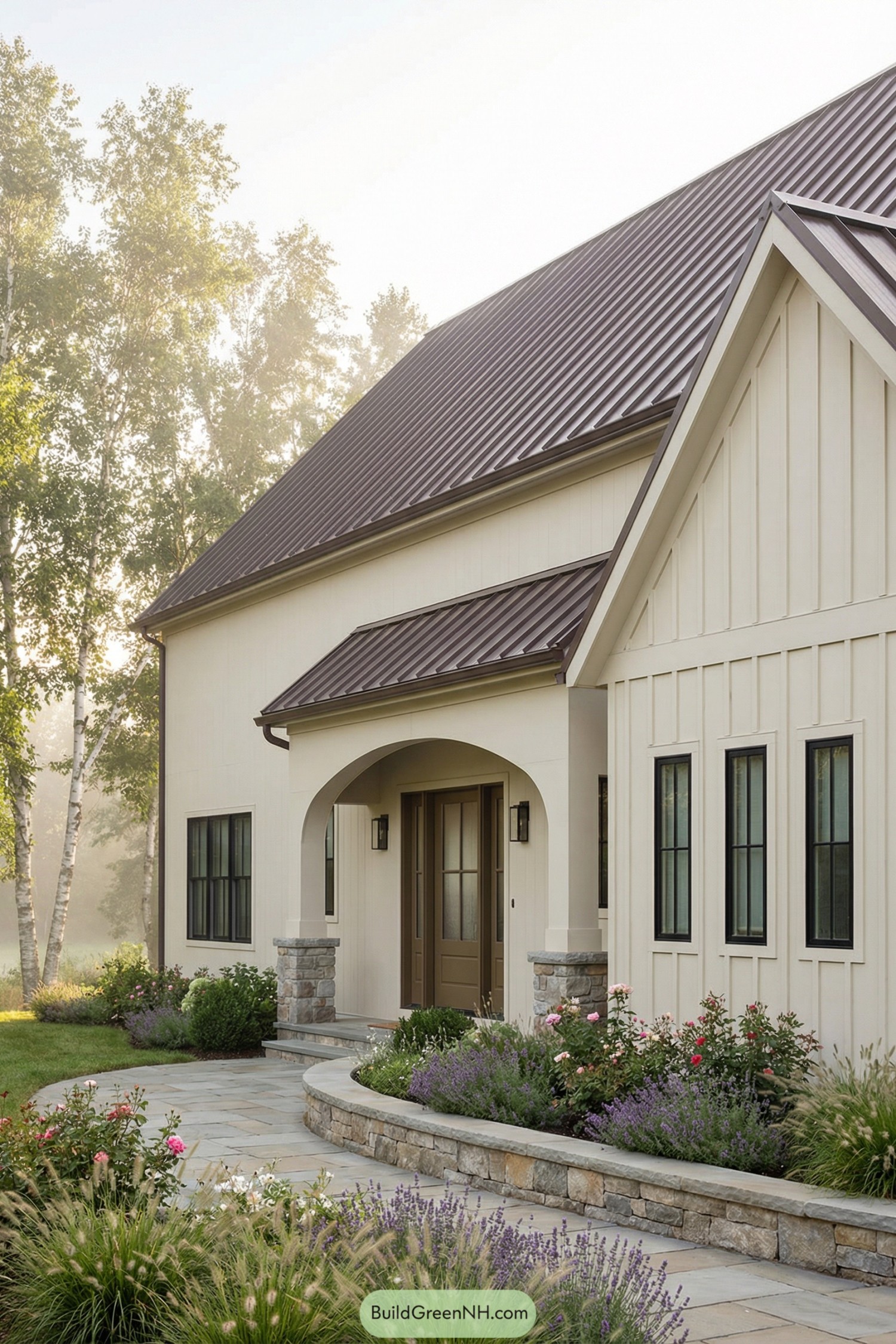 Cream board and batten farmhouse with arched entry and dark metal roof
