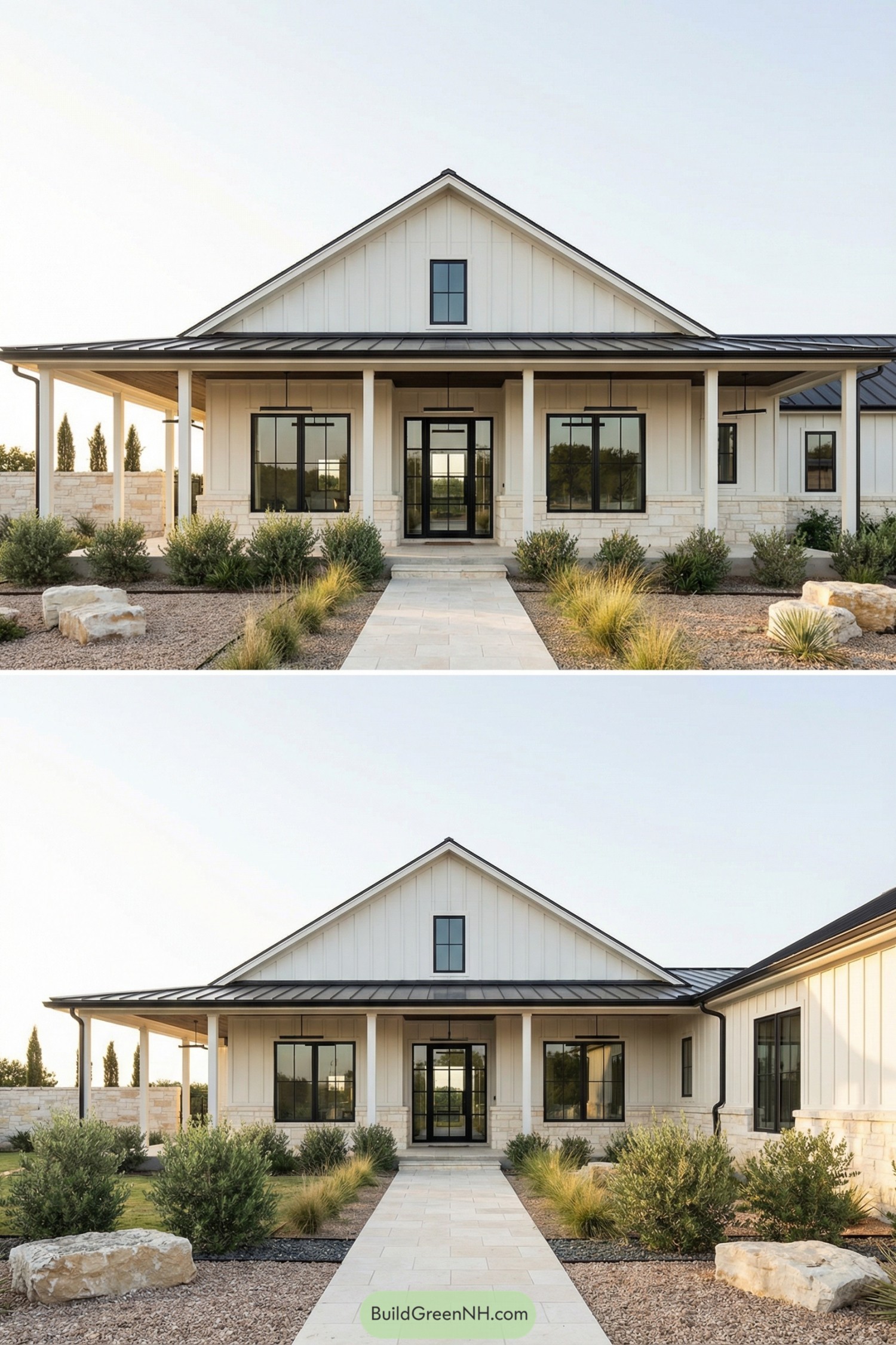 Modern farmhouse with metal roof and covered front porch surrounded by low xeriscape landscaping