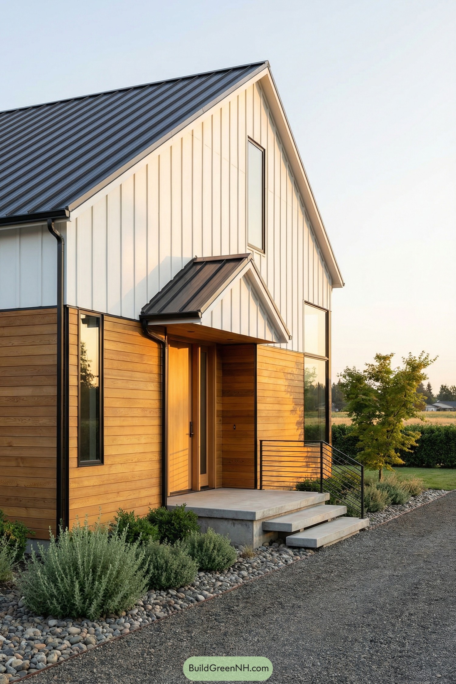Modern farmhouse with white siding and wood accents
