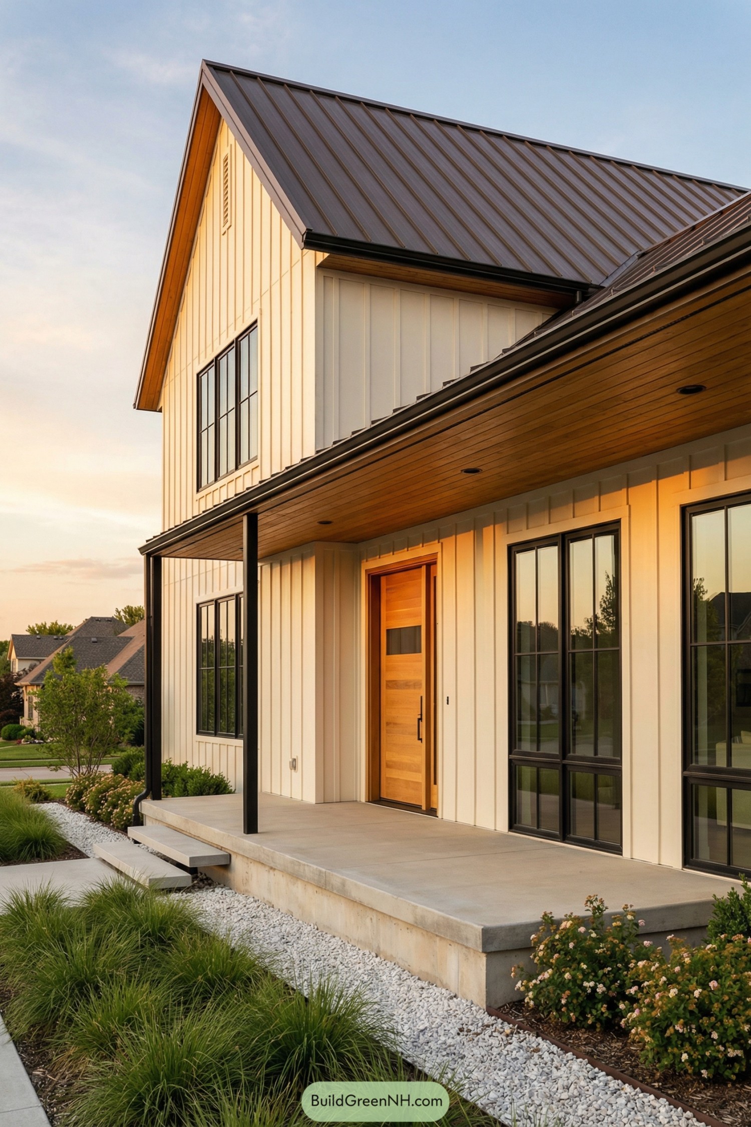 Modern farmhouse barndominium with metal roof and warm wood porch