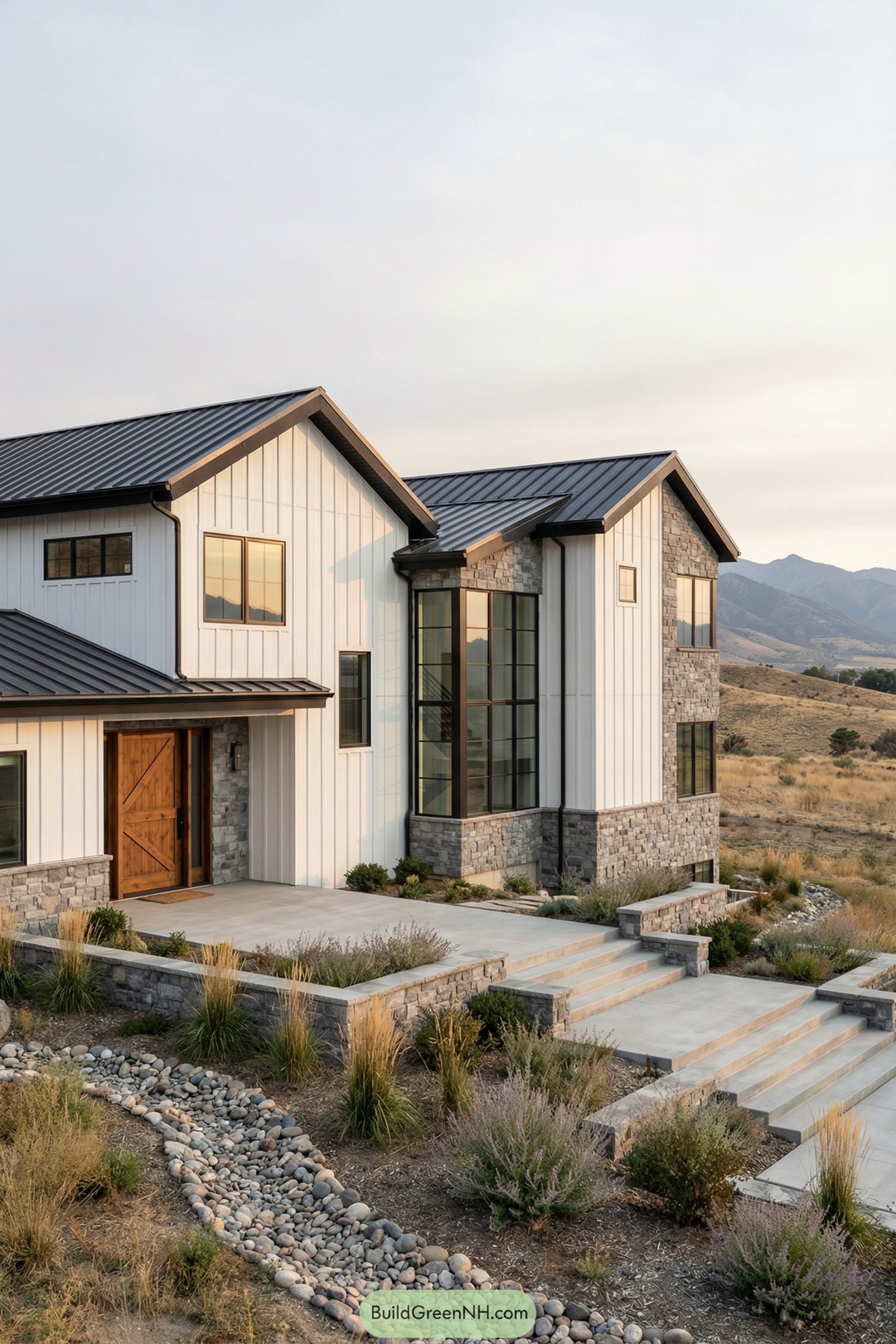 Modern farmhouse barndominium with white siding stone base and black metal roof