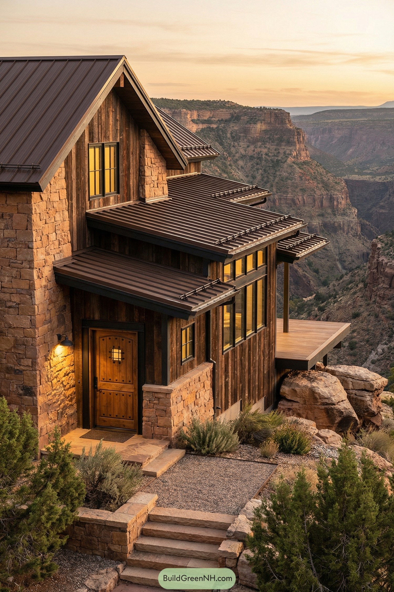 Rustic barndominium perched on rocky canyon rim at sunset