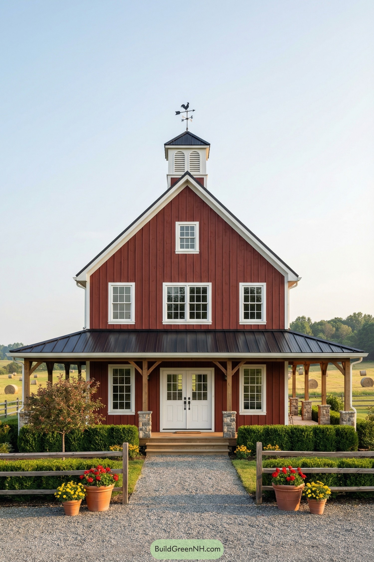 Red barn style barndominium with cupola and wraparound porch in a rural field