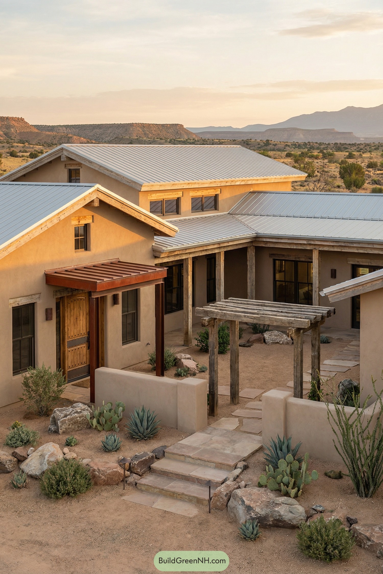 Southwestern barndominium with metal roofs and desert landscaping