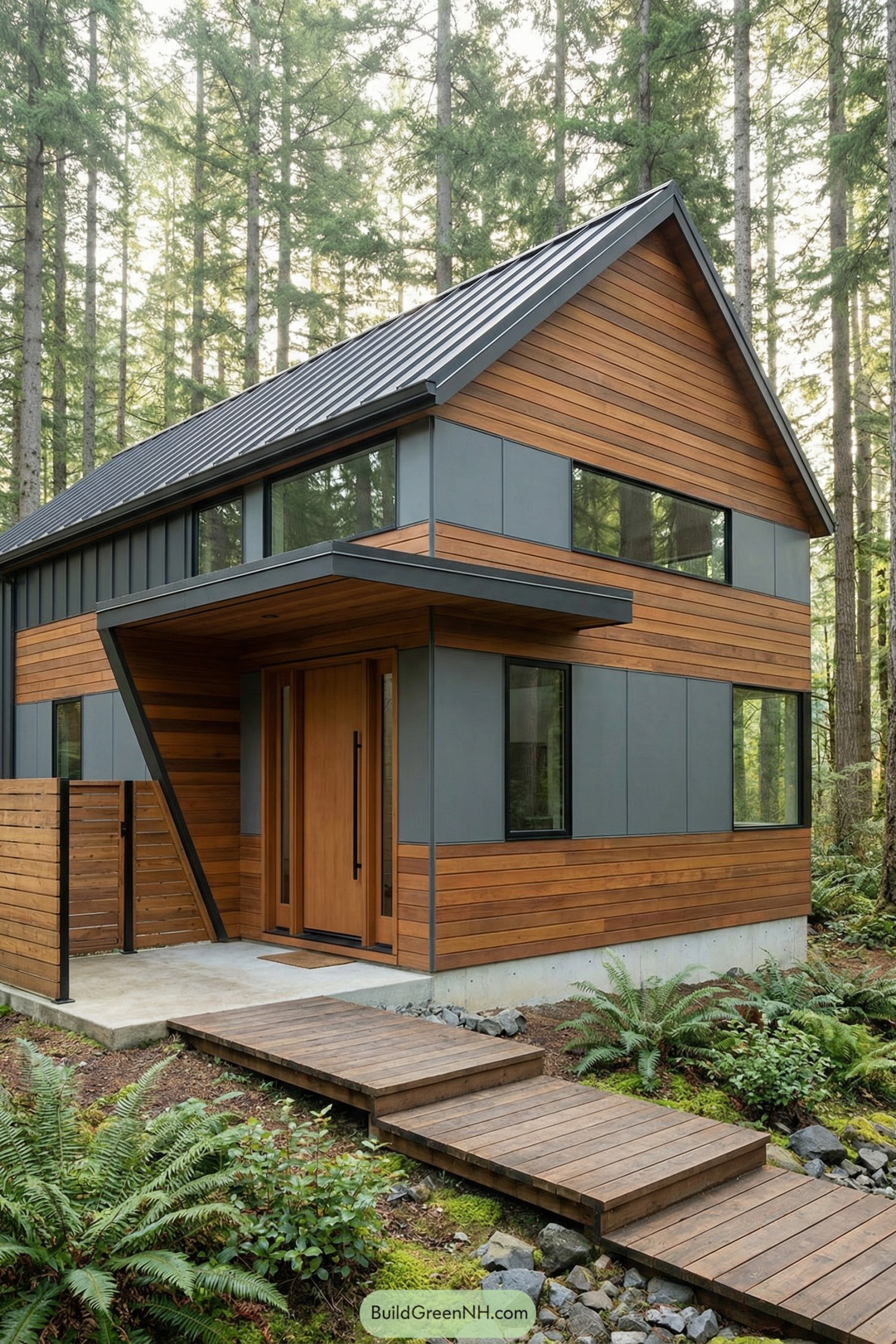 Small modern wood cabin with metal roof and large windows set in a dense forest