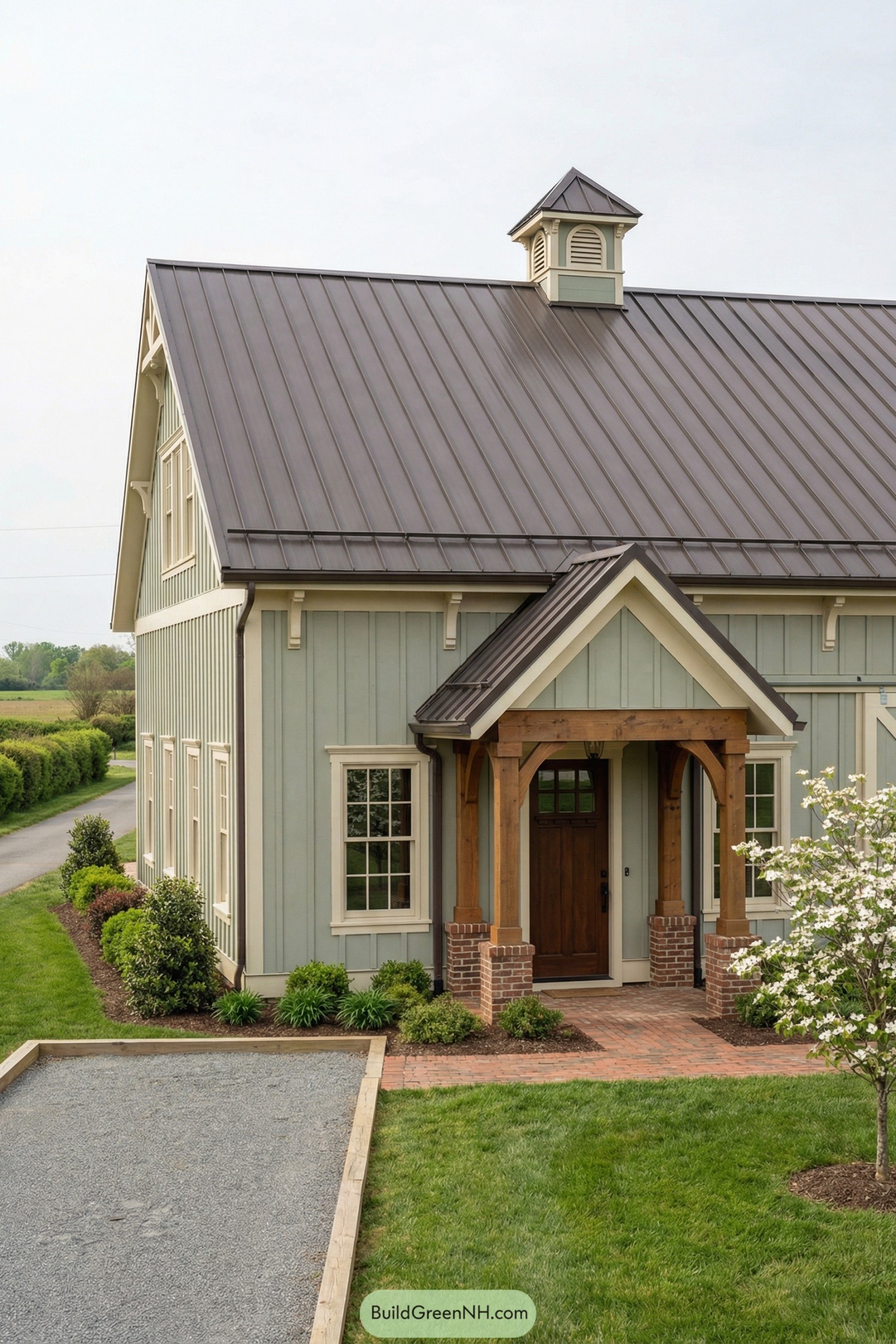 Light green barndominium with metal roof and timber front porch