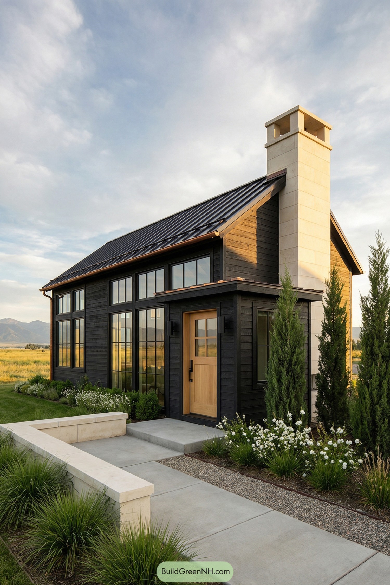 Modern black barndominium with tall windows and stone chimney in an open field