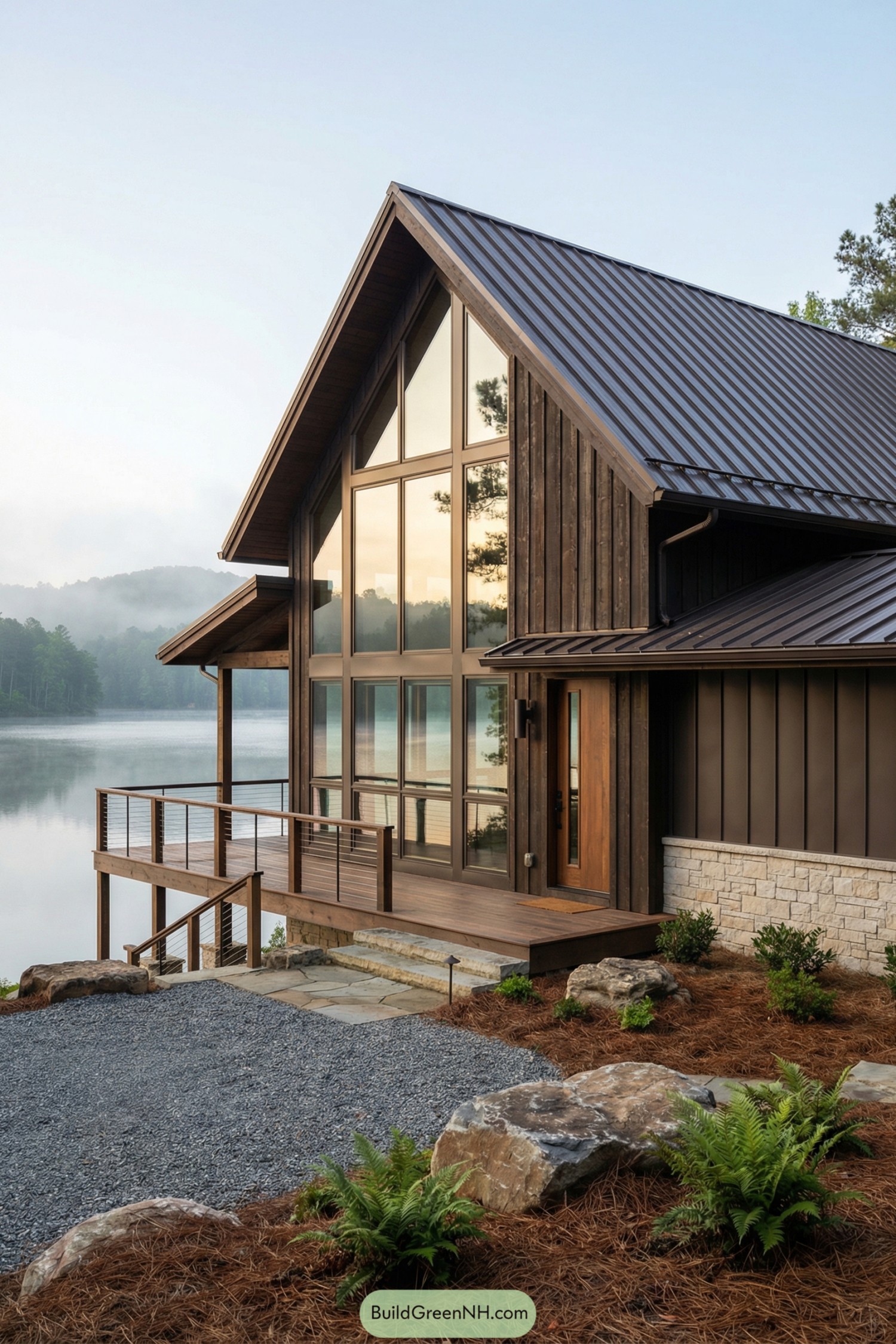 Modern timber barndominium overlooking misty lake